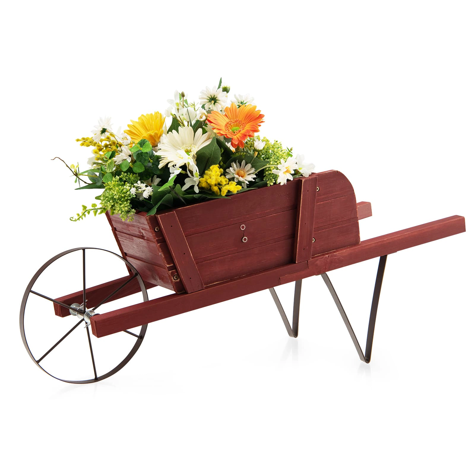 SUGIFT Wooden Wagon Planter Red with 9 Magnetic Accessories and 7.5 in Wheels