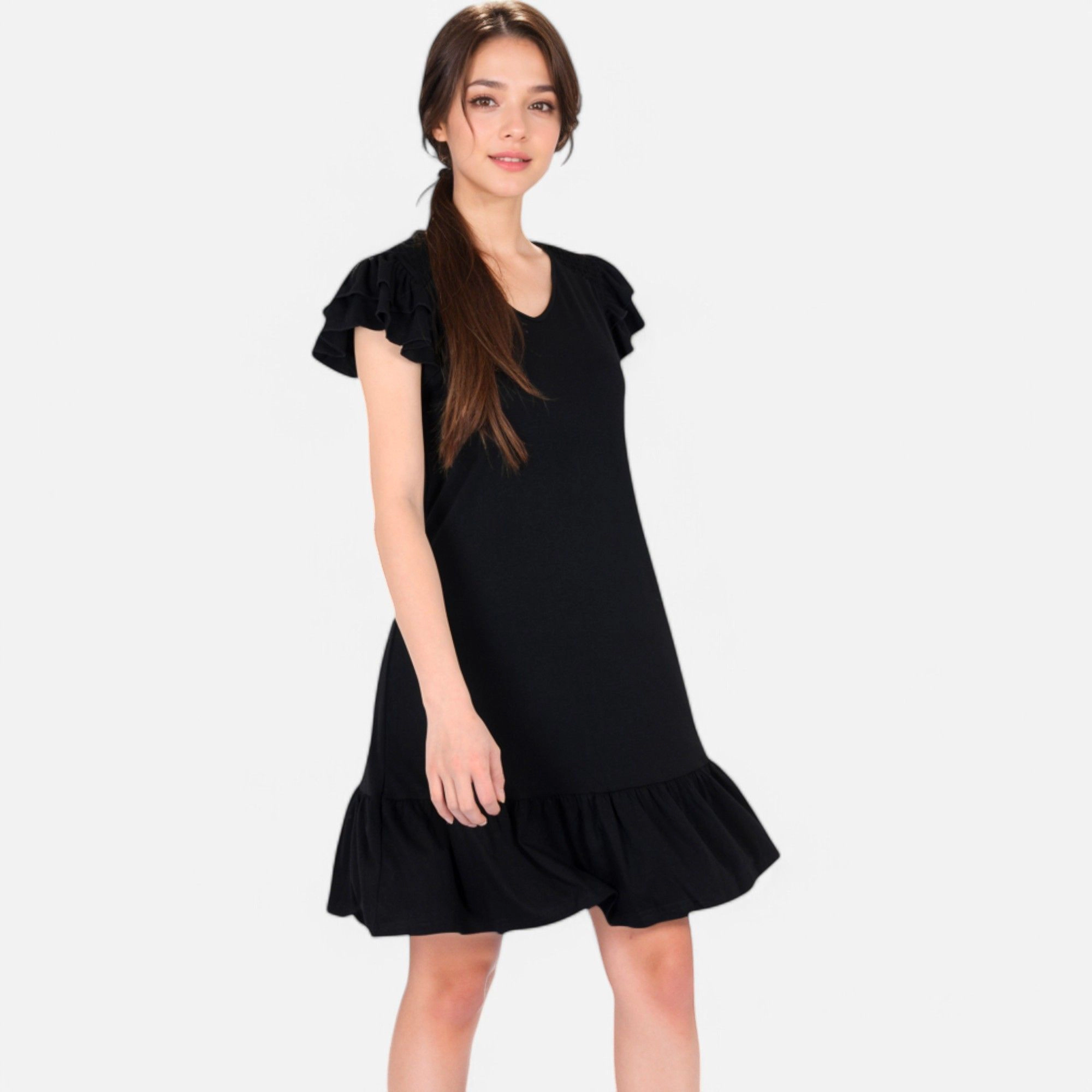 Anna-Kaci Women's Ruffle Sleeve V Neck Tiered Hem Casual Fit Dress