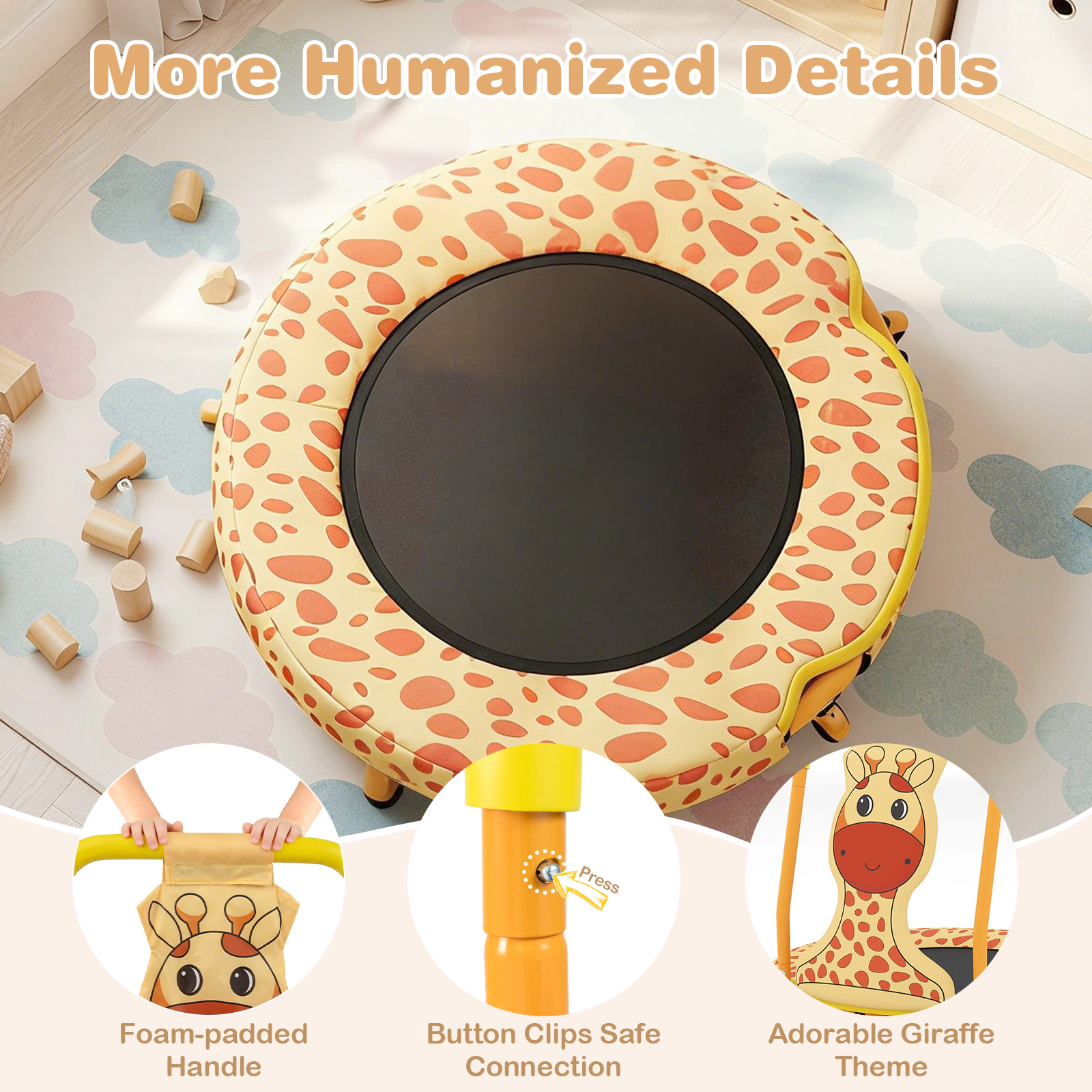SUGIFT Mini Trampoline for Toddlers Orange with Foam Padded Handle and Giraffe Cover