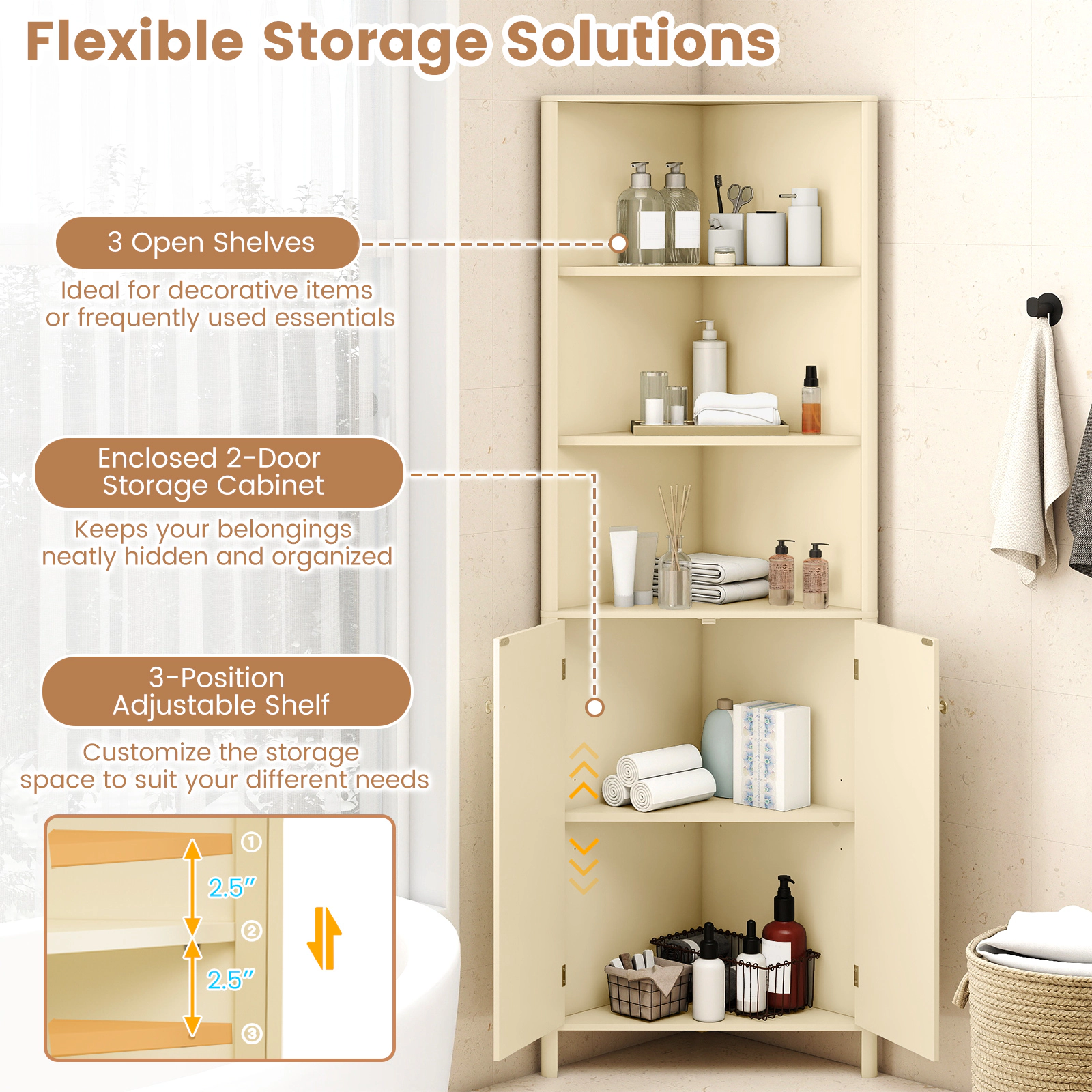 Slickblue Corner Bathroom Storage Cabinet Beige MDF Tall Floor Cabinet Adjustable Shelf