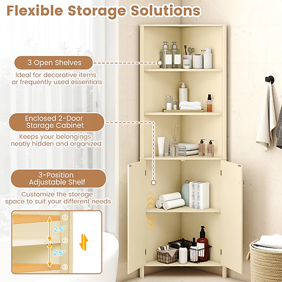SlickBlue Corner Bathroom Storage Cabinet Beige MDF Tall Floor Cabinet Adjustable Shelf
