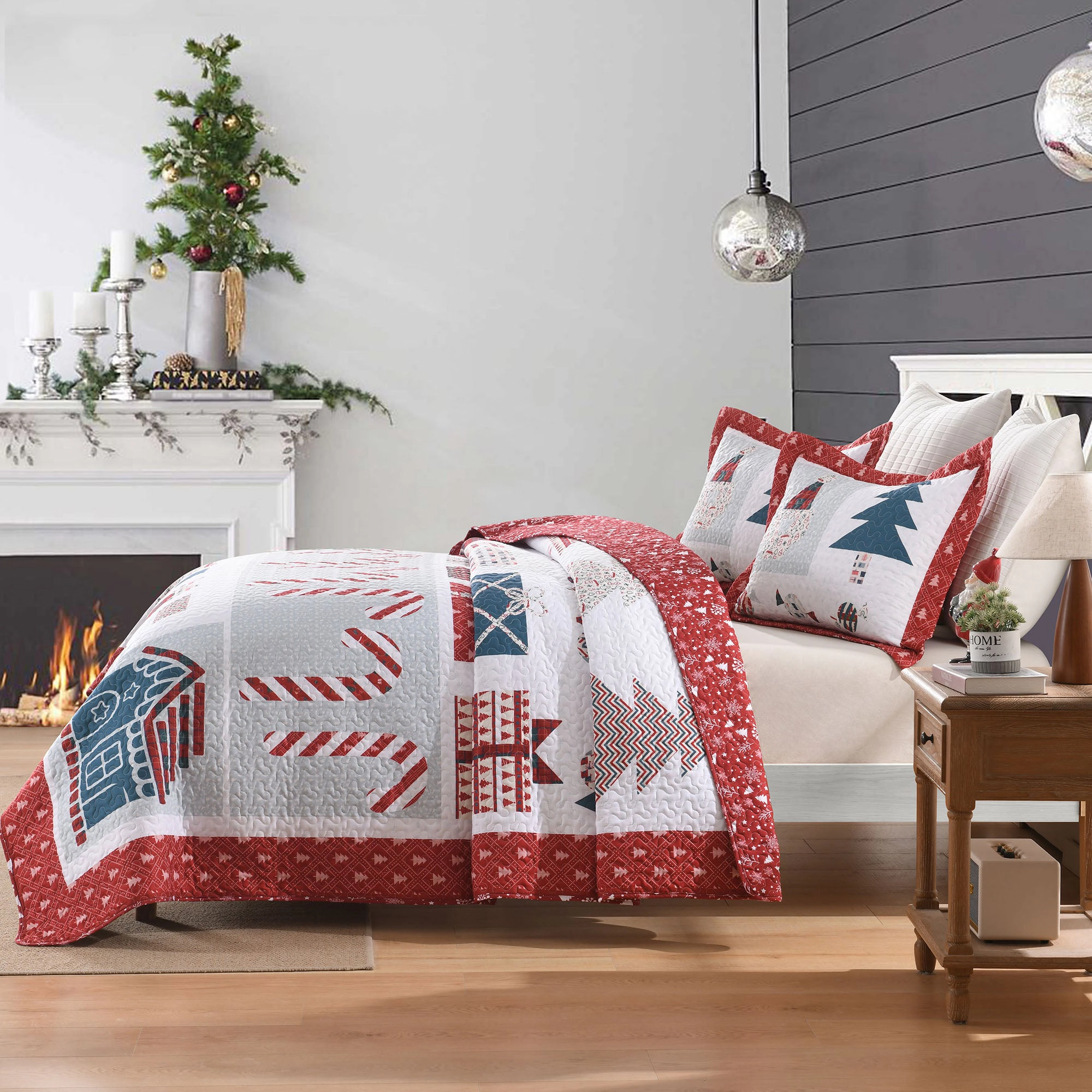 MarCielo 3 Piece Christmas Holiday Quilt Bedspread Set,Soft Reversible Bedding Set