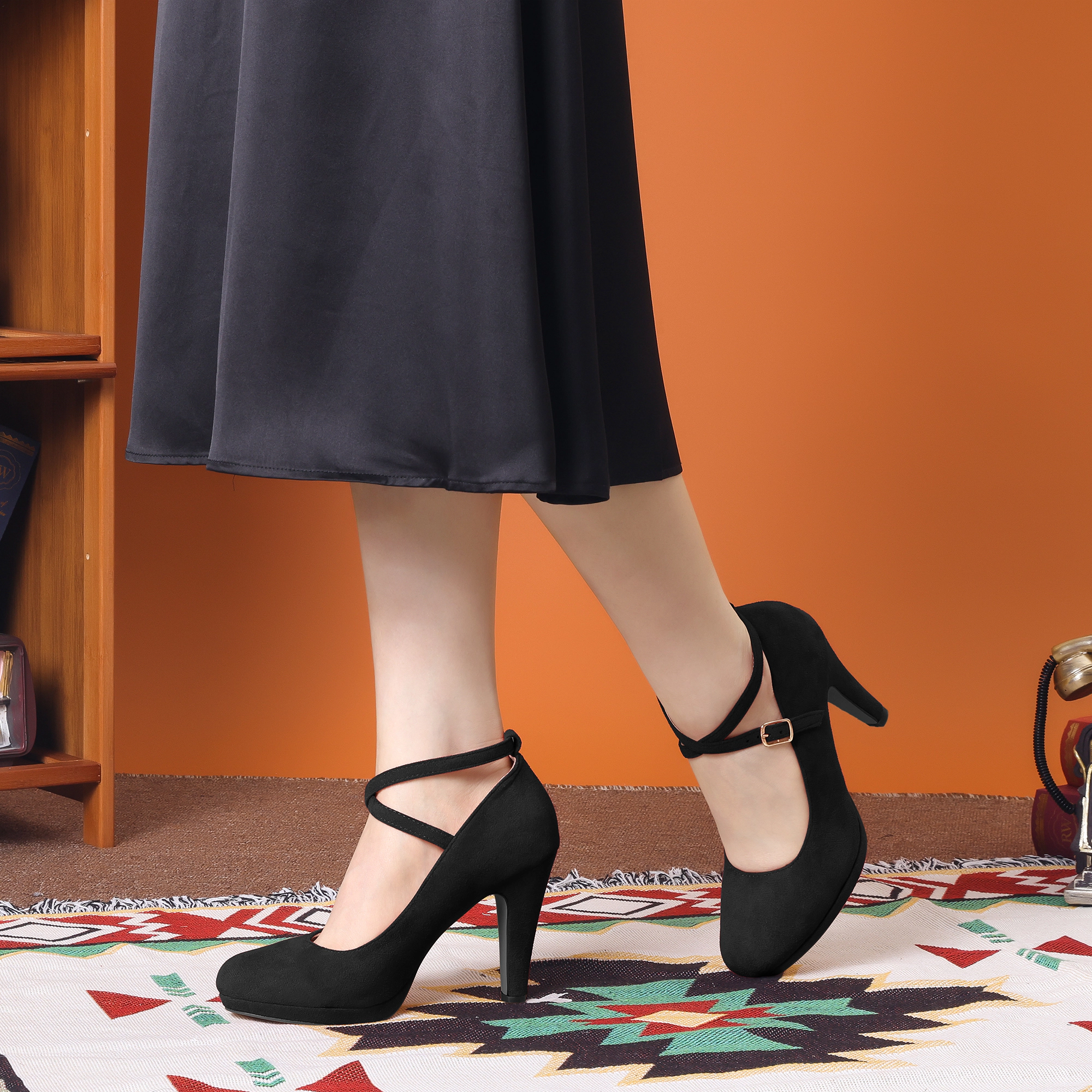 BLISSFUL STEP Women Platform Cross Strap Stiletto Heels Mary Jane Pumps