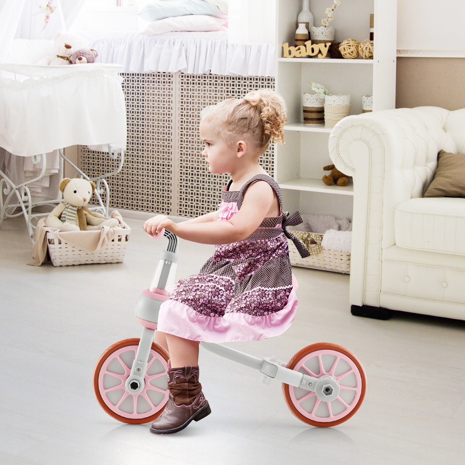 4-in-1 Kids Trike 4-Level Parent Push Handle Detachable Pedals and Training Wheels for Ages 2-4 Toddler Balance Bike