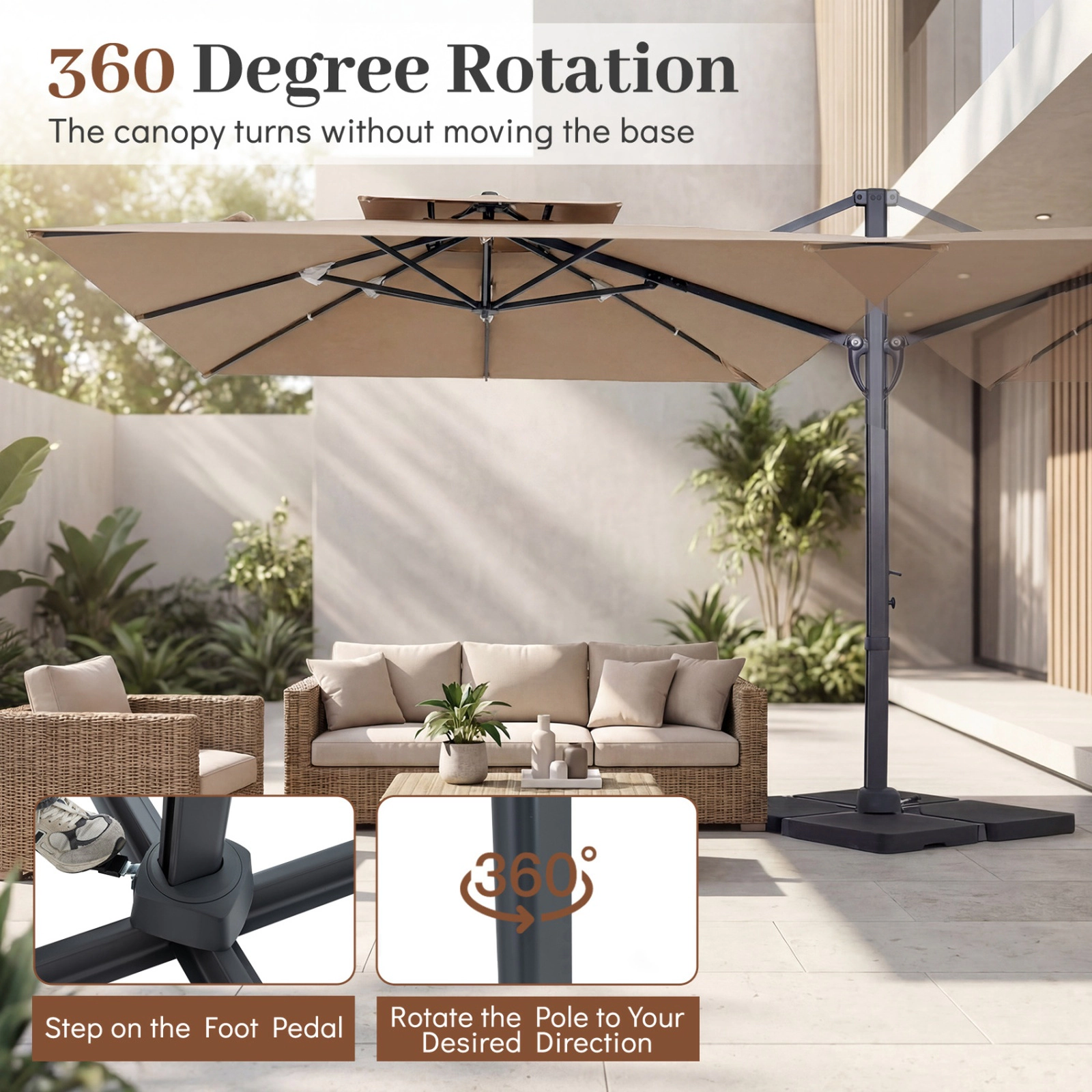 SUGIFT Brown Aluminum Pole and 220 LB Fillable Base 10 FT Square Cantilever Patio Umbrella