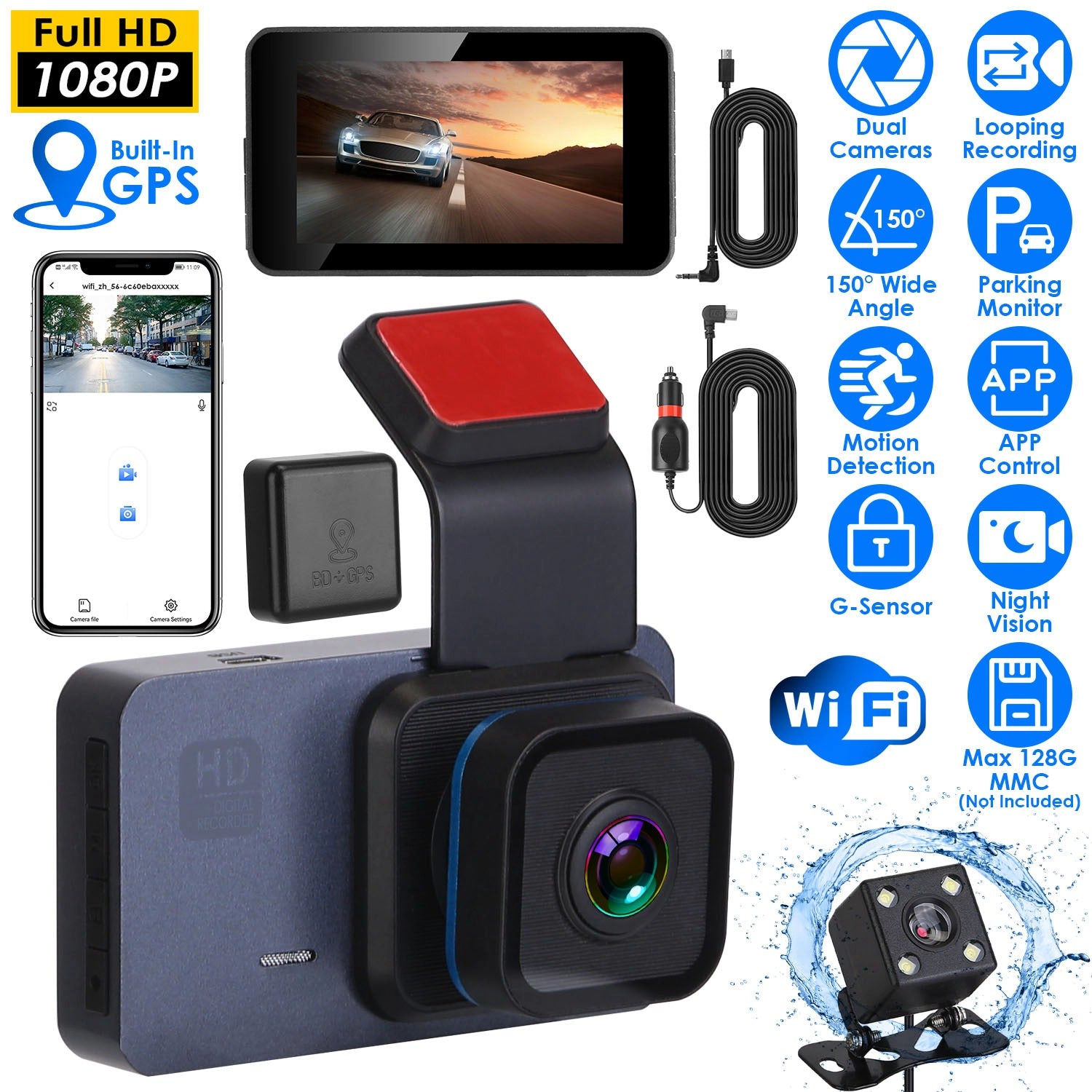 GBruno 1080P Dual Lens Dash Cam With WiFi GPS
