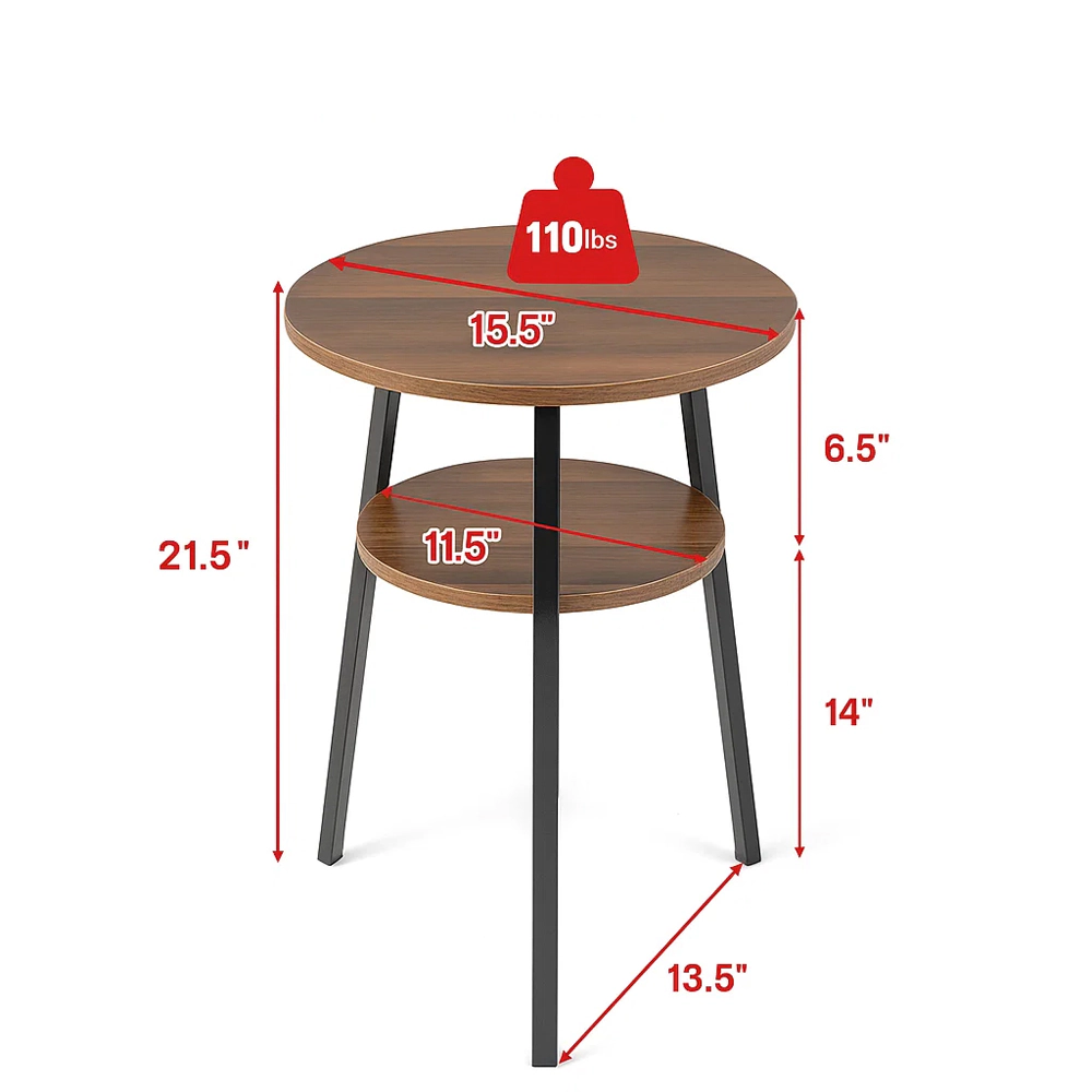 Hivvago Set of 2 Round Two-Tier Side Tables with Open Storage Shelf and Sturdy Triangular Metal Base