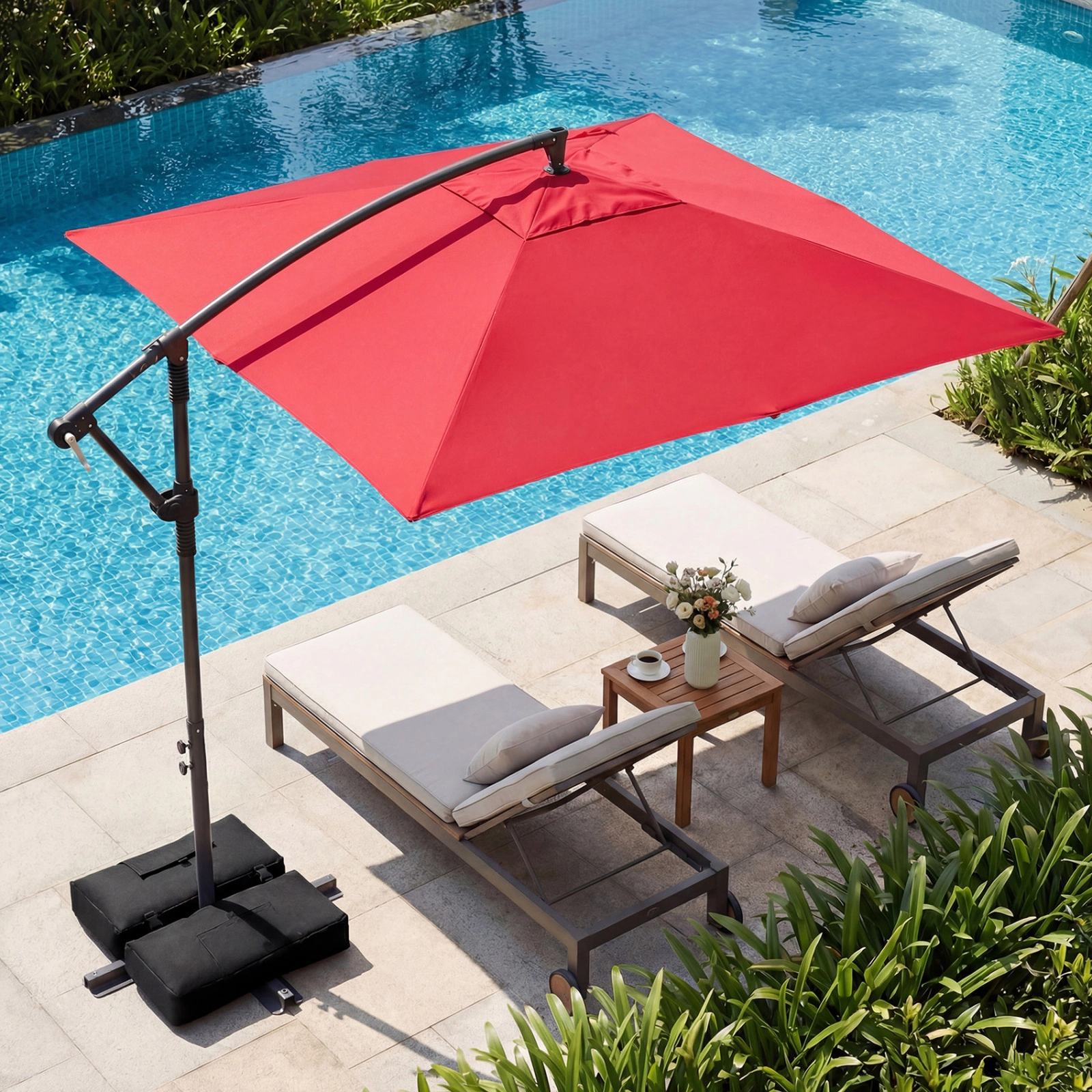 SUGIFT 8-ft Red Square Offset Cantilever Patio Umbrella with 360-Degree Rotation and Crank Lift for Deck