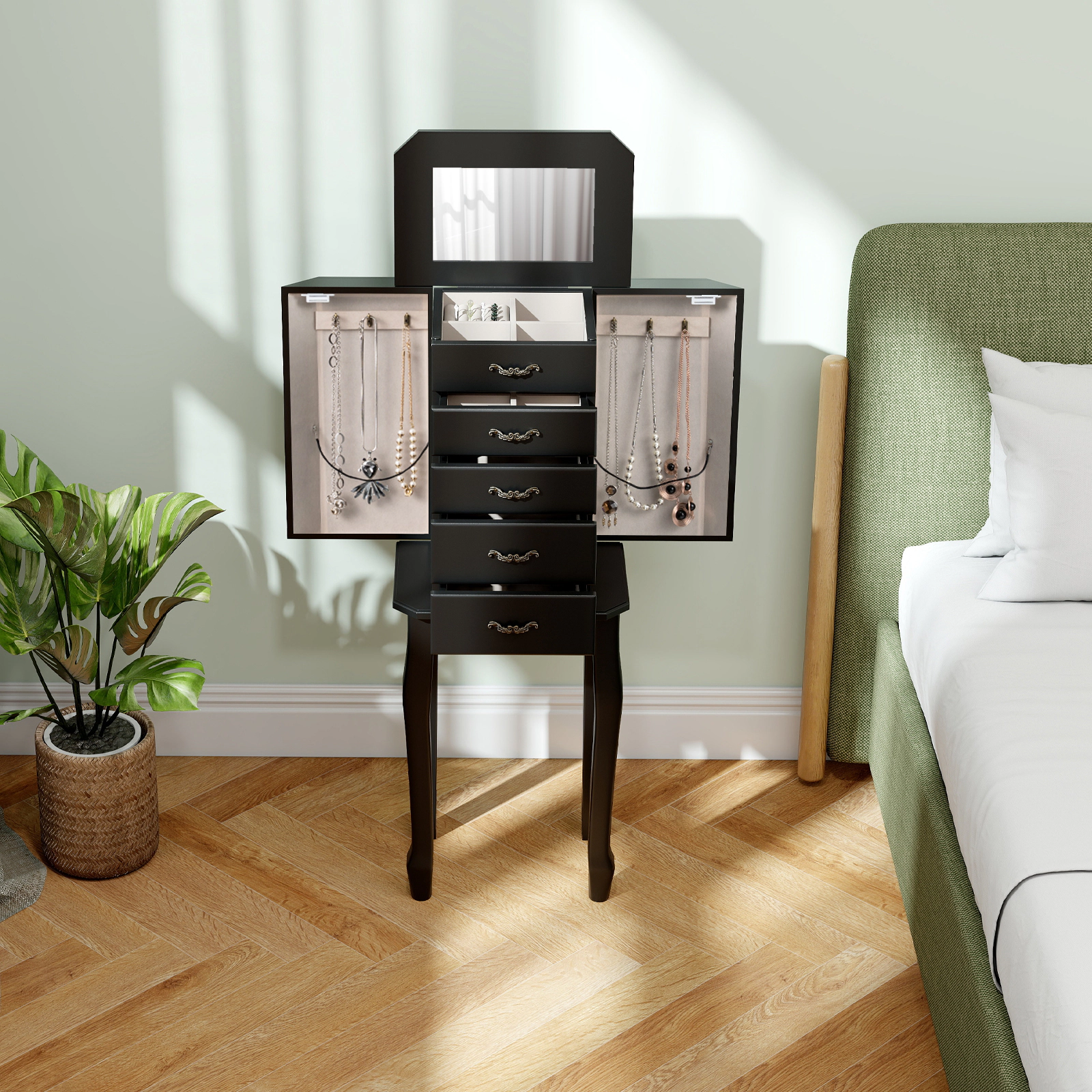 SUGIFT Standing Jewelry Box Black 47 in Armoire with 4 Drawers and 2 Side Doors