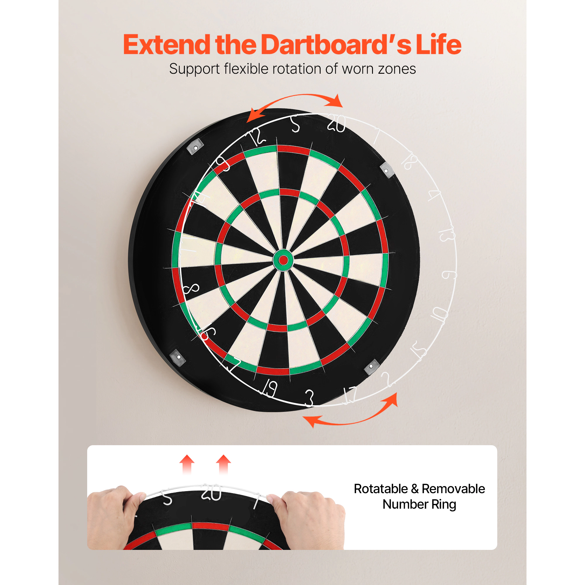 HONGGE Self-Healing Sisal Dartboard with Darts, Staple-Free Bullseye & Rotating Number Ring for Home Party Game