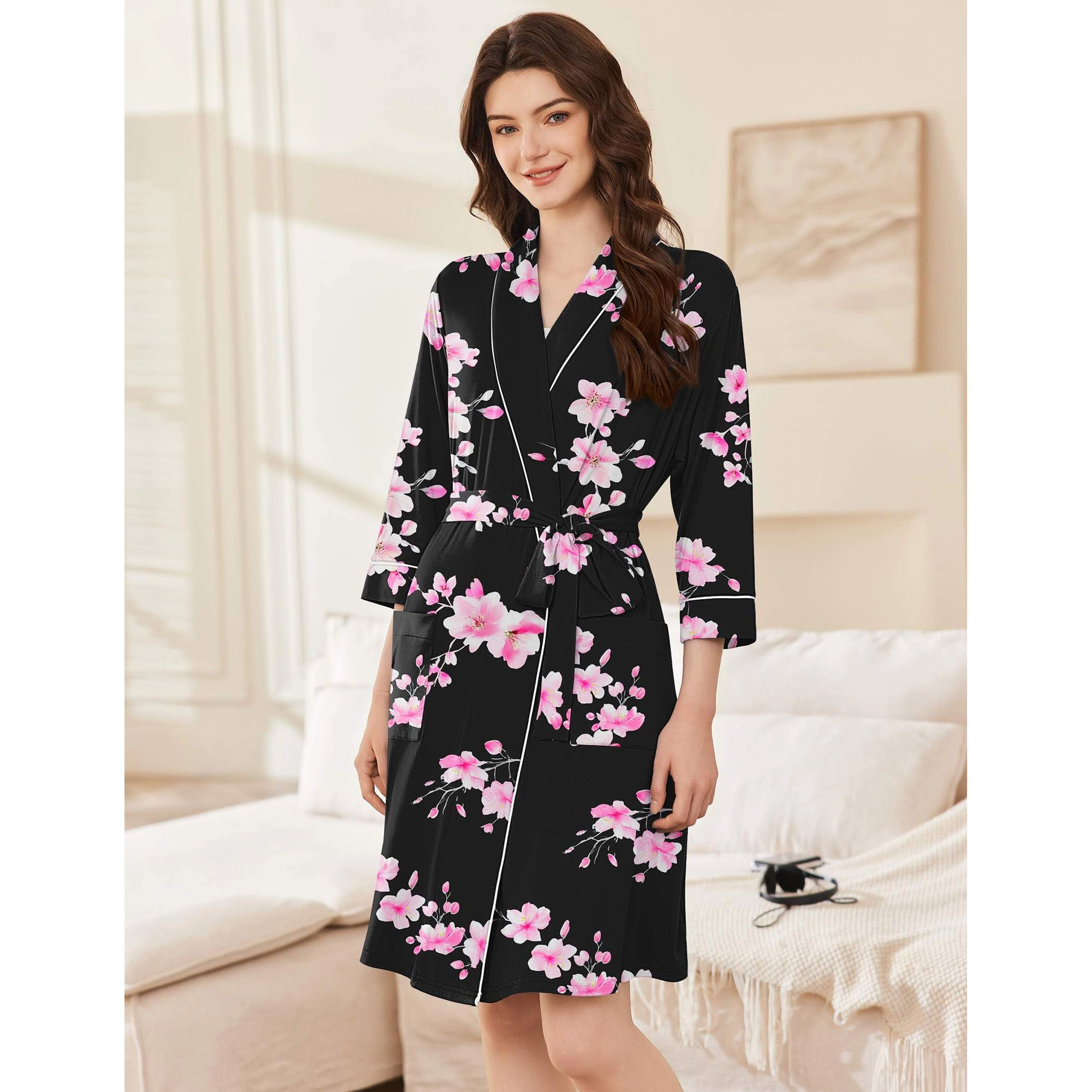 Ekouaer Women's Floral Print V Neck 3/4 Sleeve Kimono Robe with Pockets