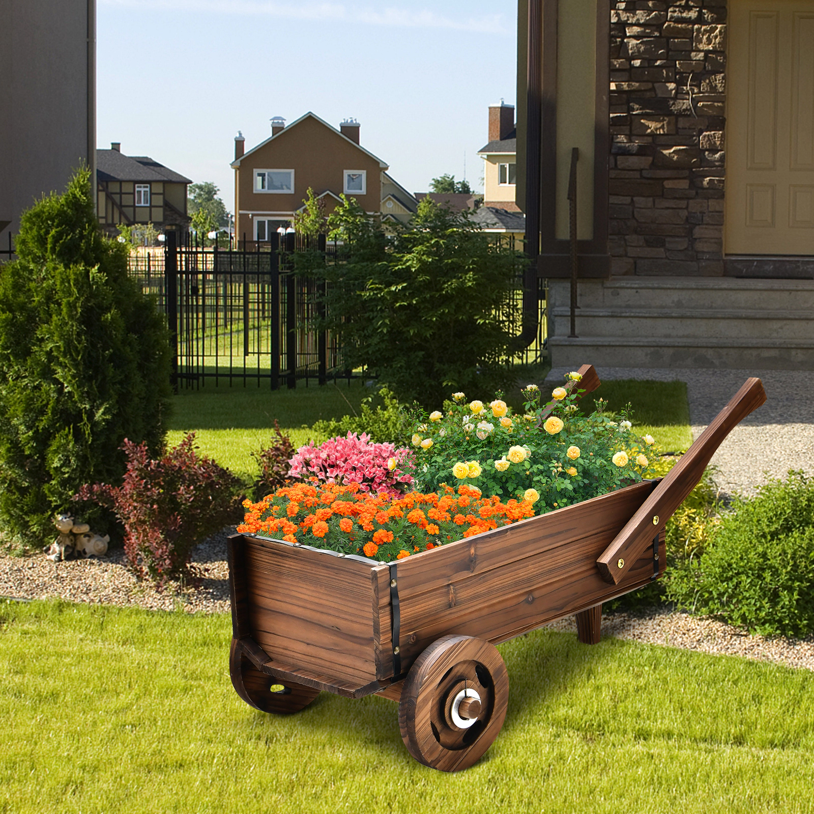 Slickblue Rustic Wooden Wagon Planter Box Rolling Flower Cart with Wheels