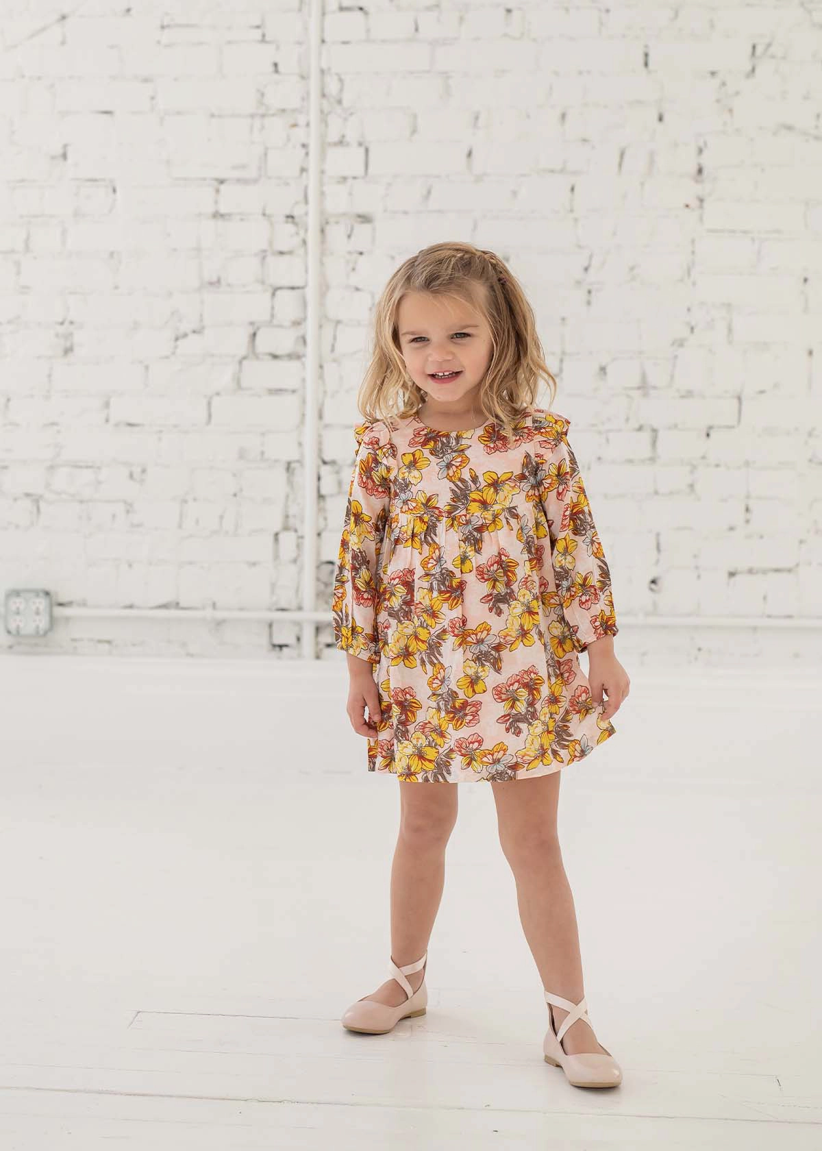 Mabel and Honey Sugar Spice Girls A-line Dress - Long Sleeve Ruffle Shoulder Floral