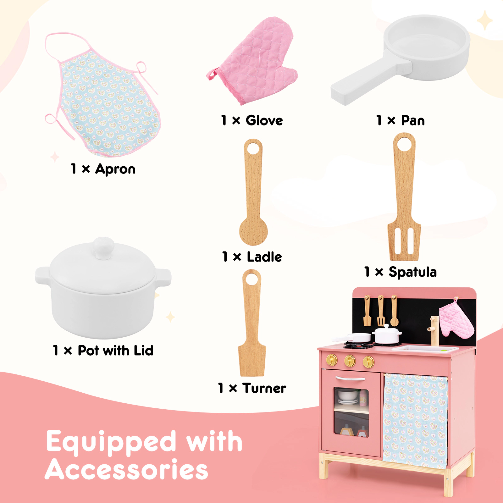 SUGIFT Play Kitchen for Kids with Stove Sink Oven and Door Curtain Ages 3+ Pink with Apron Glove Pan Pot Lid Utensils