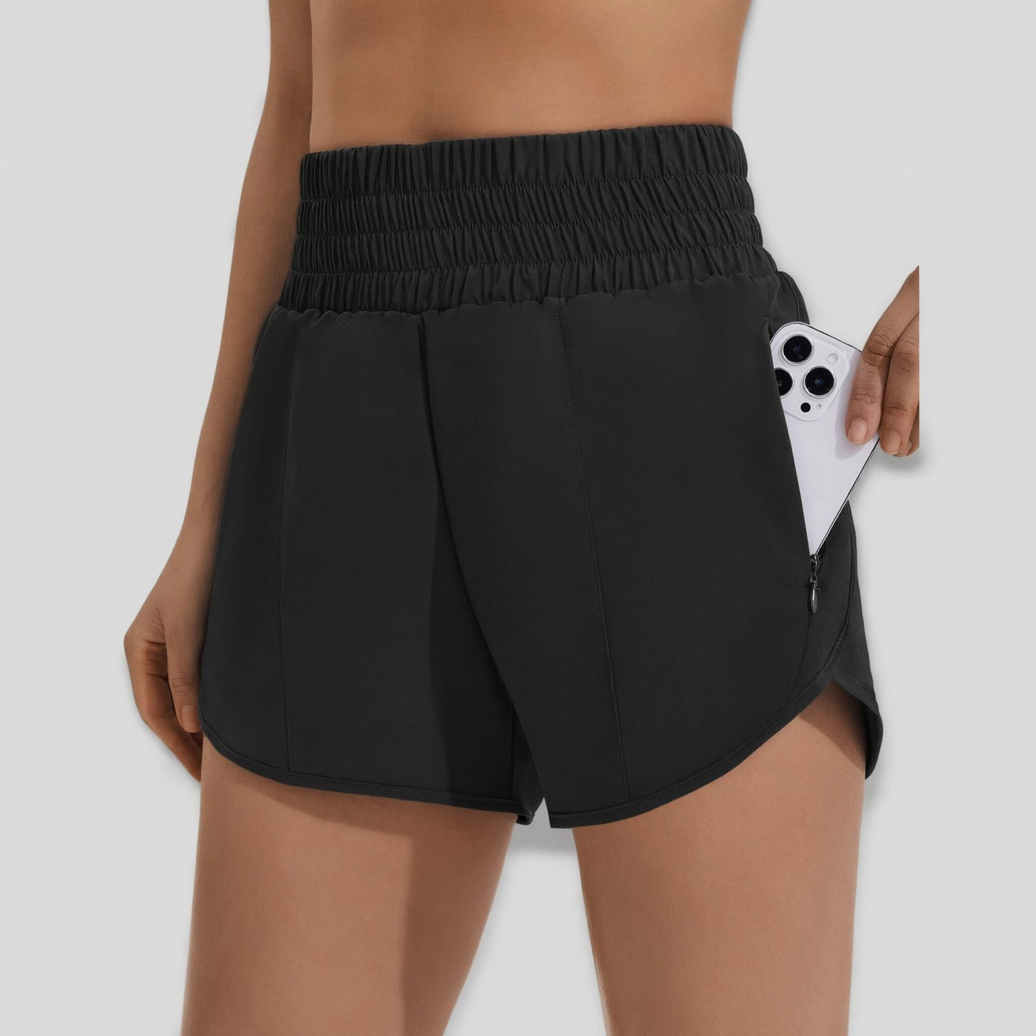Pinspark Womens Solid High Waist Running Shorts Smocked Elastic Zip Pockets