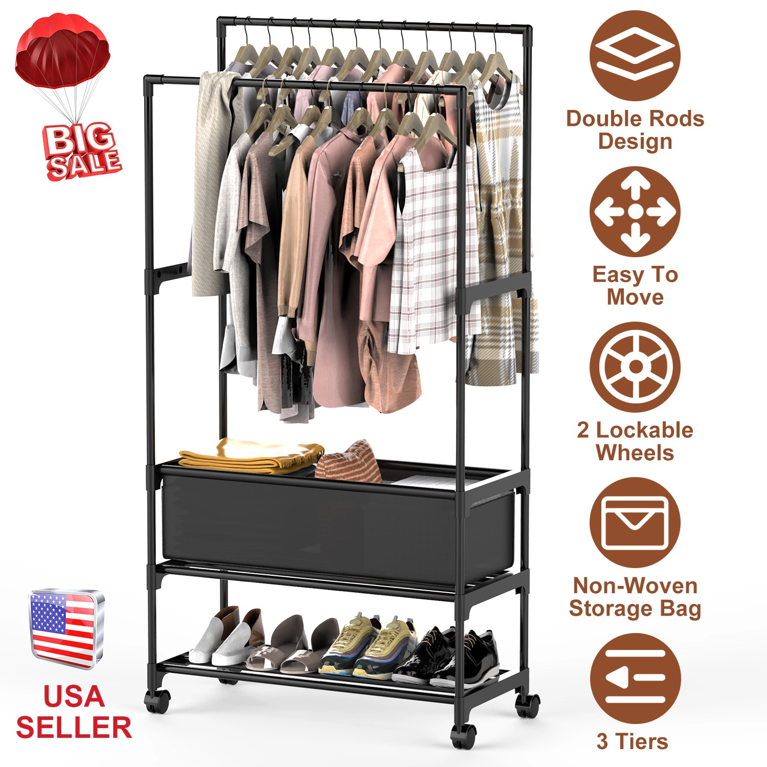 NEW Home Unisex Double-Rod Garment Rack With Storage