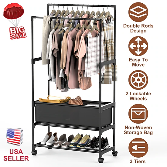 NEW Home Unisex Double-Rod Garment Rack With Storage