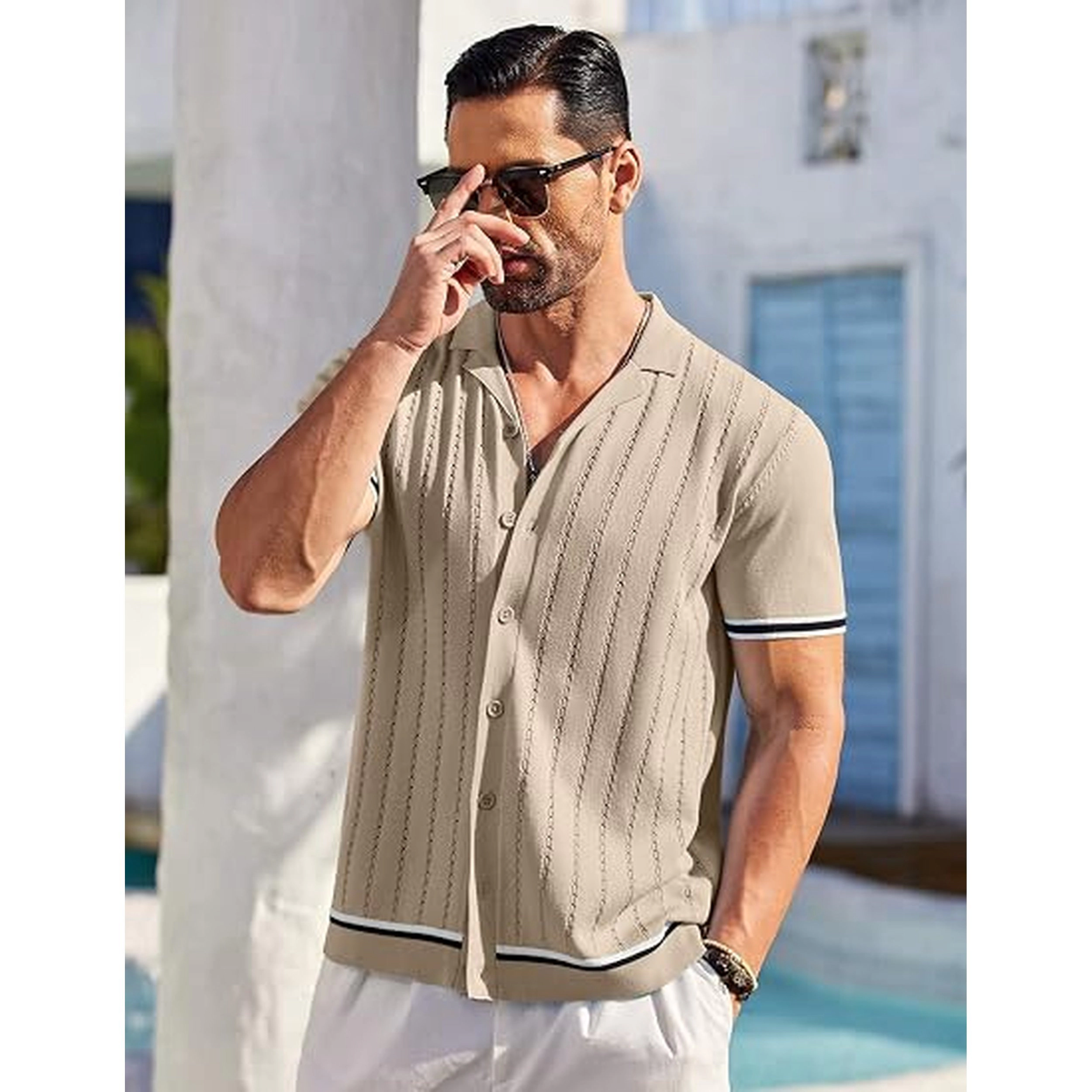 COOFANDY Men's Regular Fit Short Sleeve Knit Button Down Cardigan Shirt