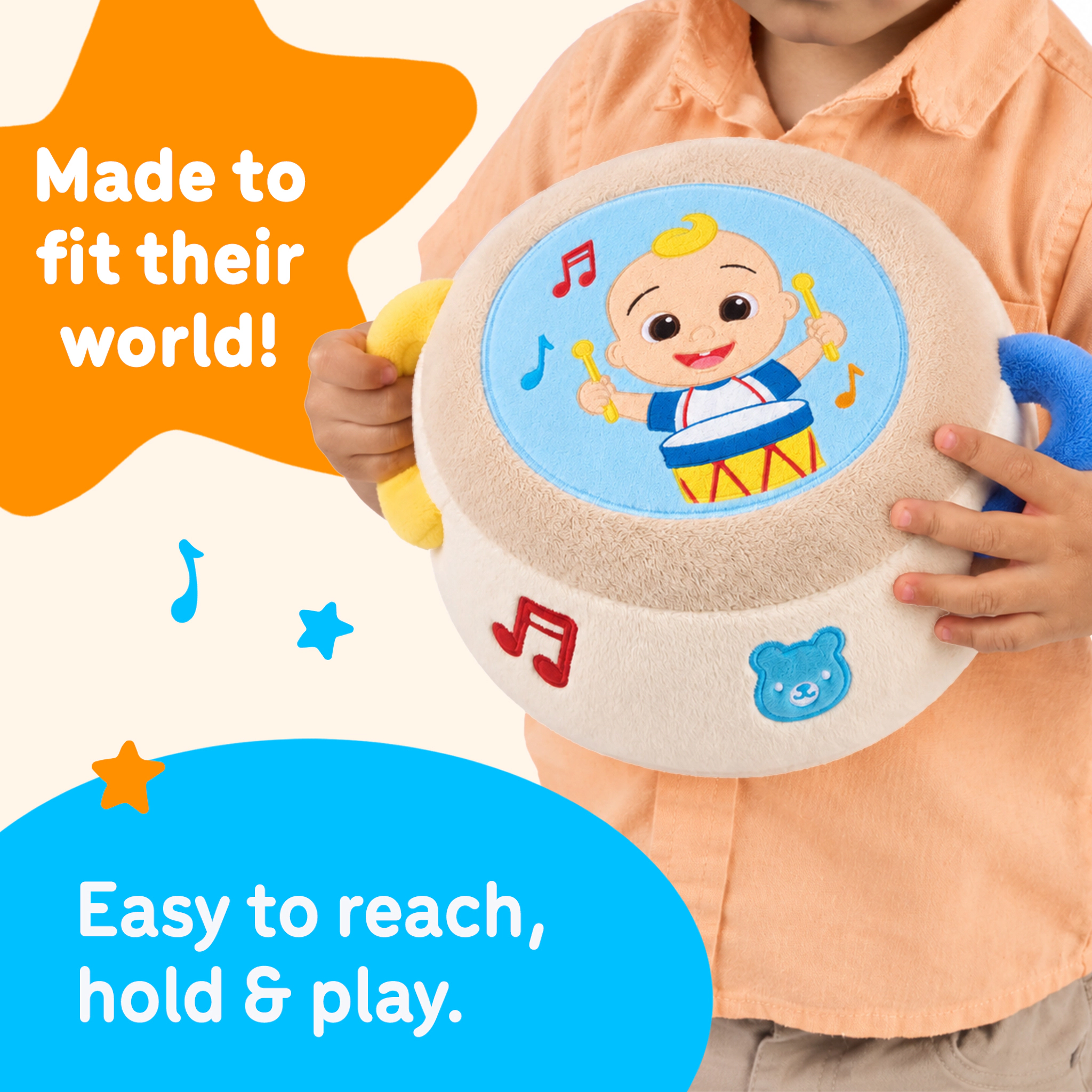 CoComelon Kids JJ Plush Drum - Soft Musical Tap Drum Toy with Sing-Along Songs