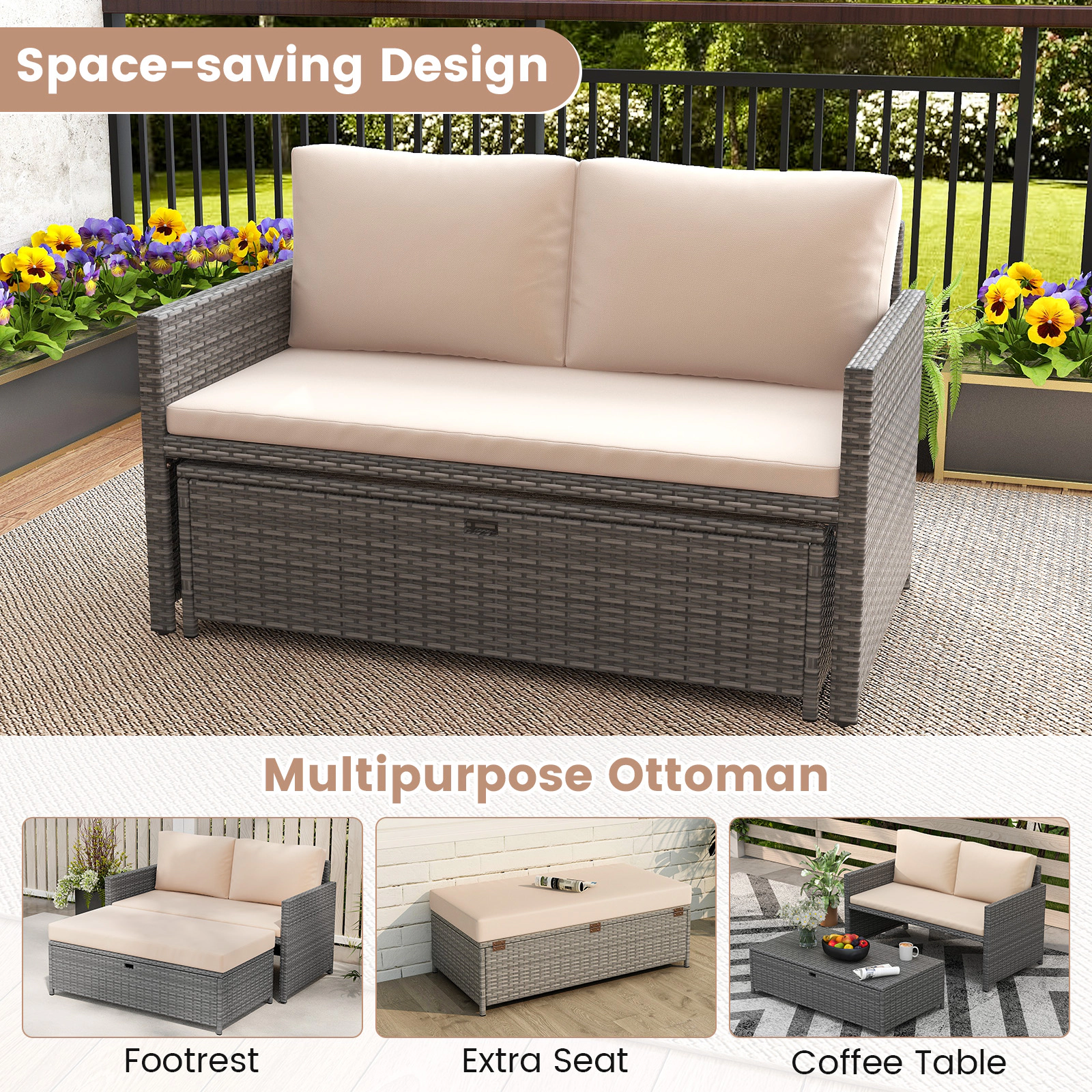 LJG Outdoor Rattan Daybed Wicker Loveseat and 31 Gallon Storage Ottoman