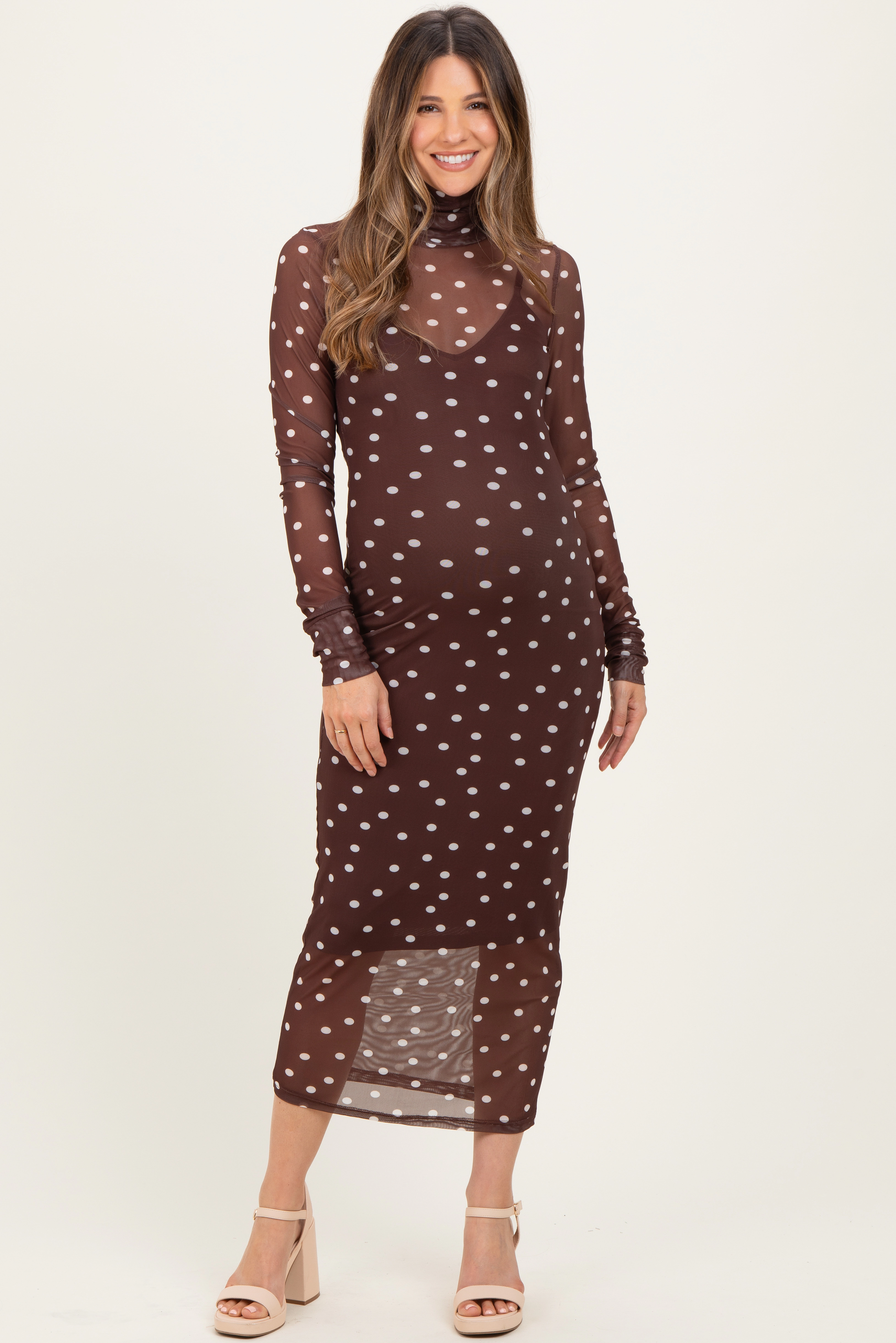 PinkBlush Womens Mocha Polka Dot Mesh Overlay Maternity Midi Dress