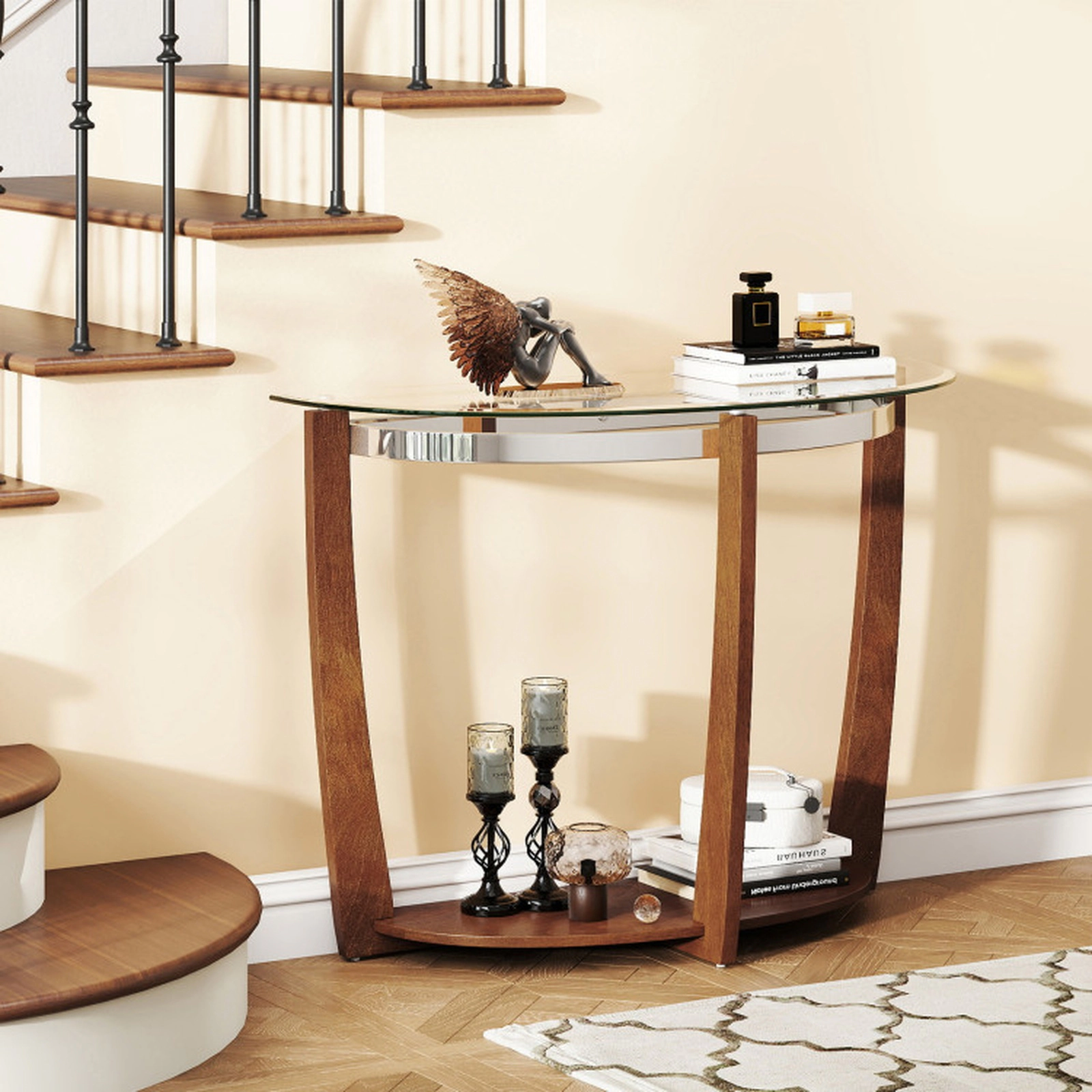SUGIFT 2-tier Tempered Glass Console Table Half-Moon Top 300-lb Tabletop Capacity 200-lb Shelf Capacity Black/Walnut
