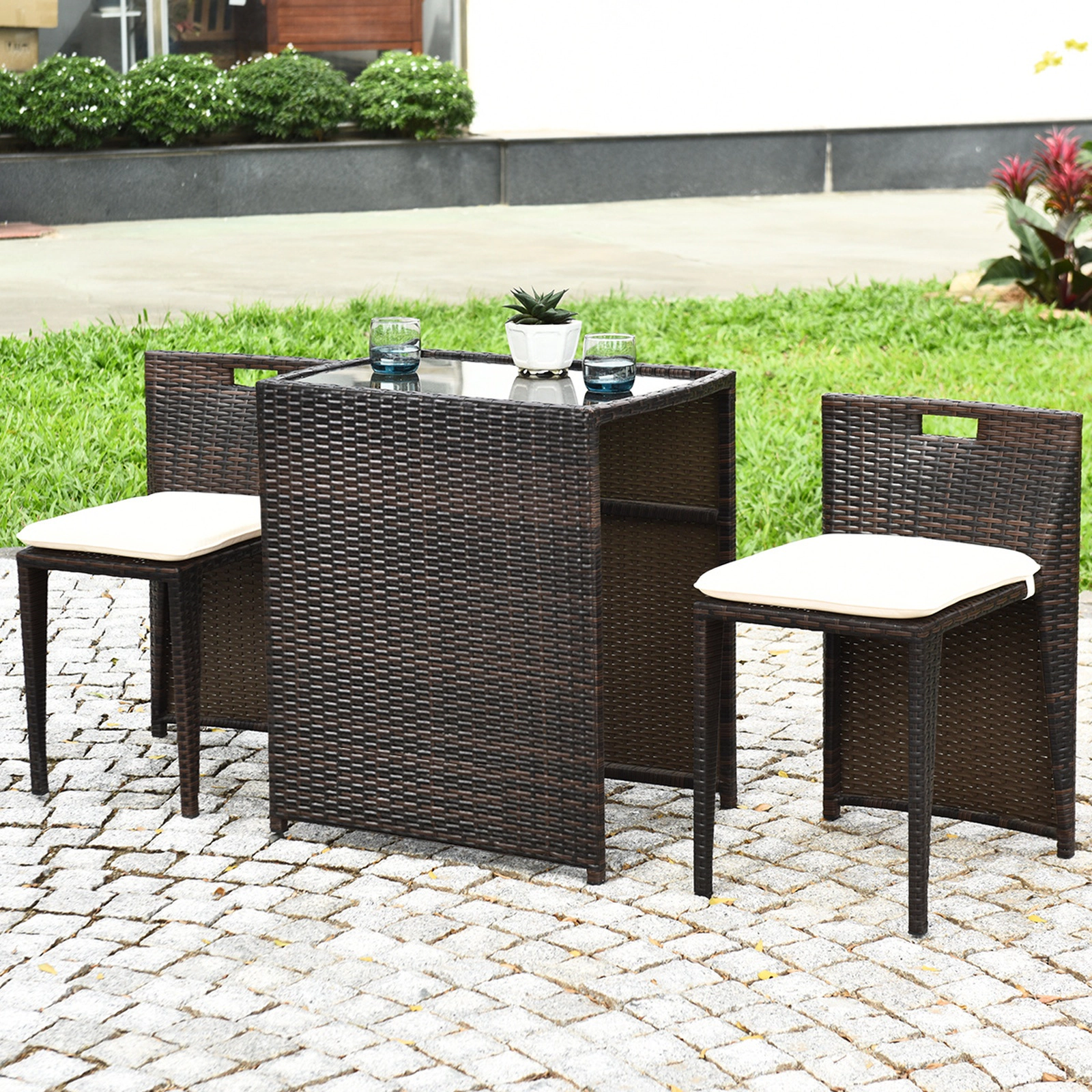 SUGIFT 3-Piece Brown Wicker Patio Bistro Set with Cushioned Chairs and Tea Table