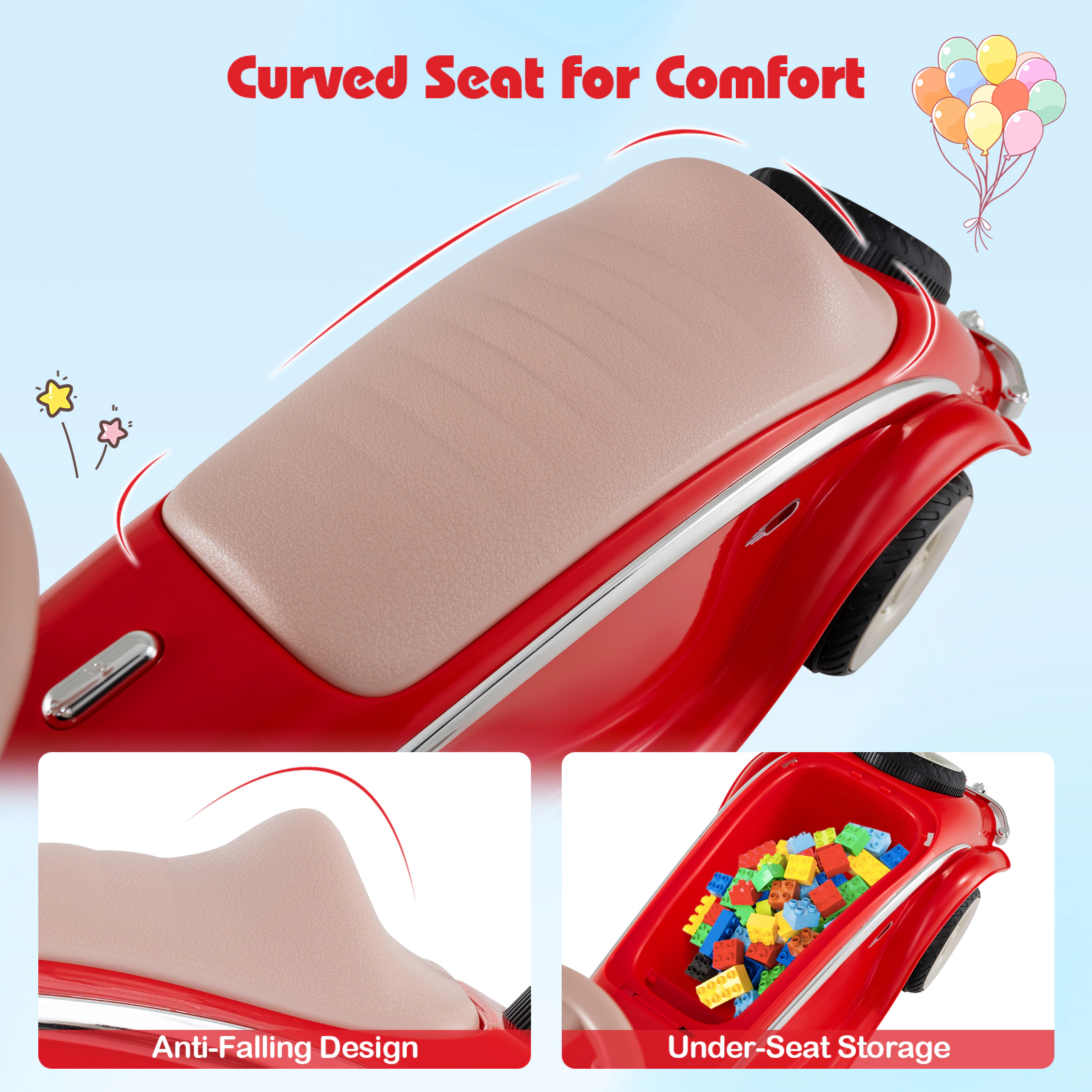 SUGIFT Red Horn LED Headlight and Under Seat Storage Toddler Ride On Classic Sliding Car
