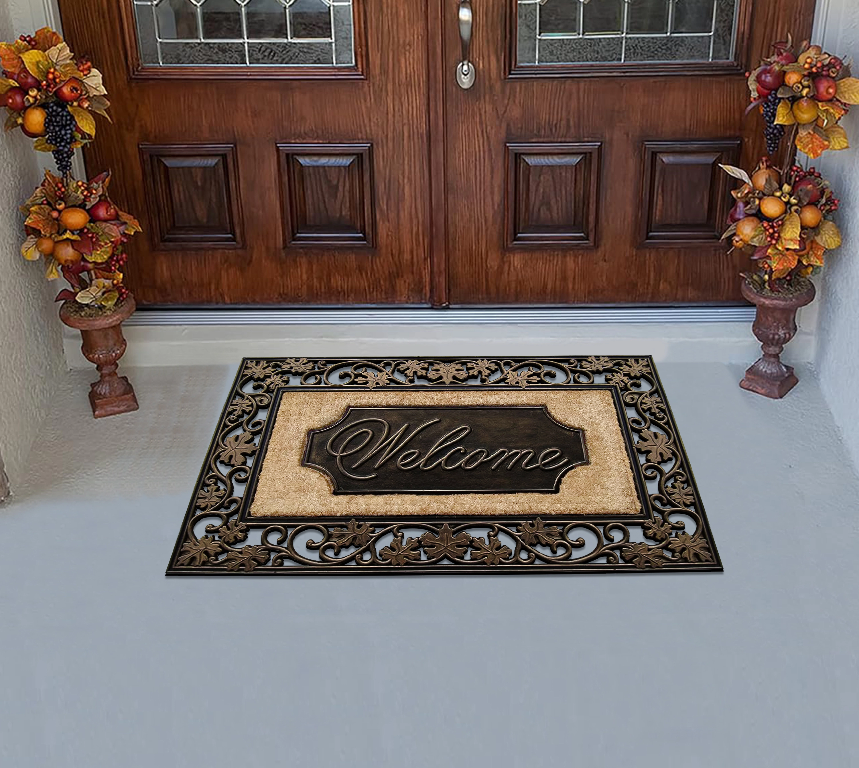 A1HC Coir and Rubber Door Mat 18x30 Inches Heavy Duty Durable Low-Profile Floral Welcome