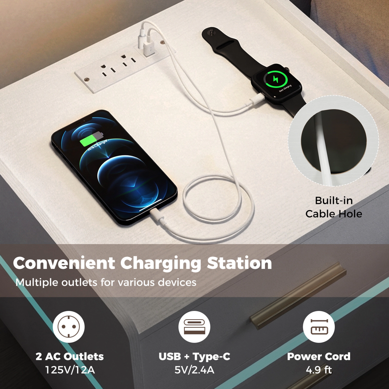 Hivvago LED Bedside Table with Charging Station and 2 Storage Drawers