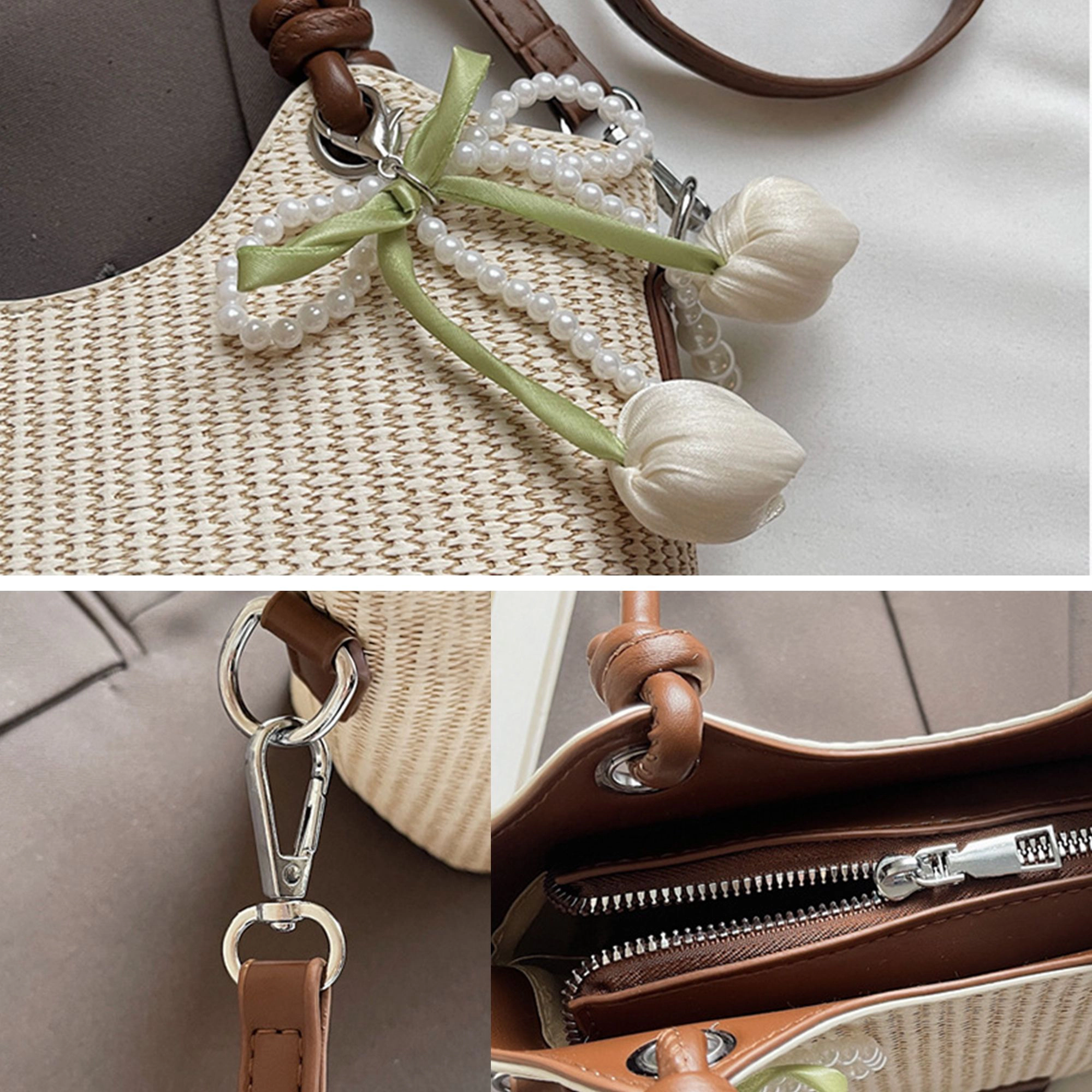 Alilang Women's Woven Mini Tote Crossbody Bag with Pearl Bow Charm and Strap