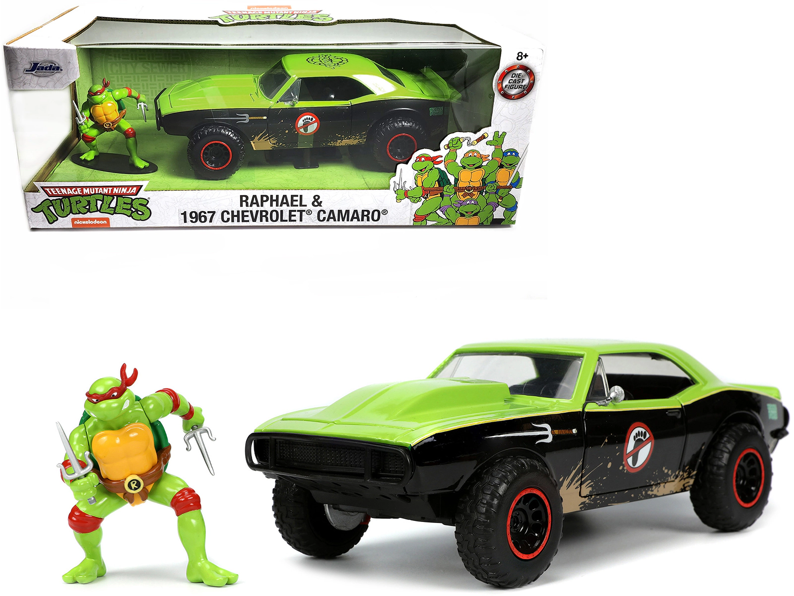 Jada 1967 Chevrolet Camaro Offroad Bright Green and Matt Black (Dirty Version) and Raphael Diecast Figure
