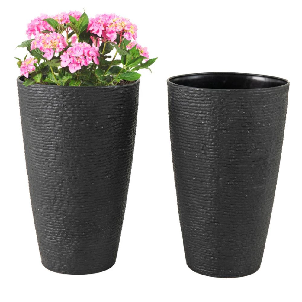 Hivvago 21 Inch Tall Round Plastic Planters Set of 2 Flower Pots with Drainage System-Black