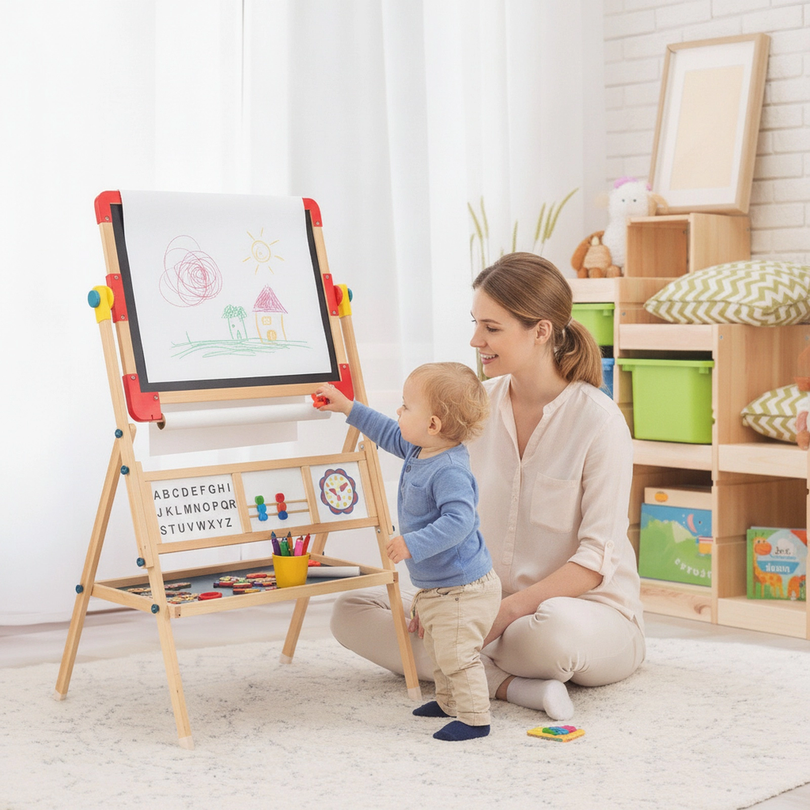 3-in-1 Wooden Art Easel for Kids with Alphabet Abacus Clock Learning Panels Paper Roll and Board Locks Flat as Table
