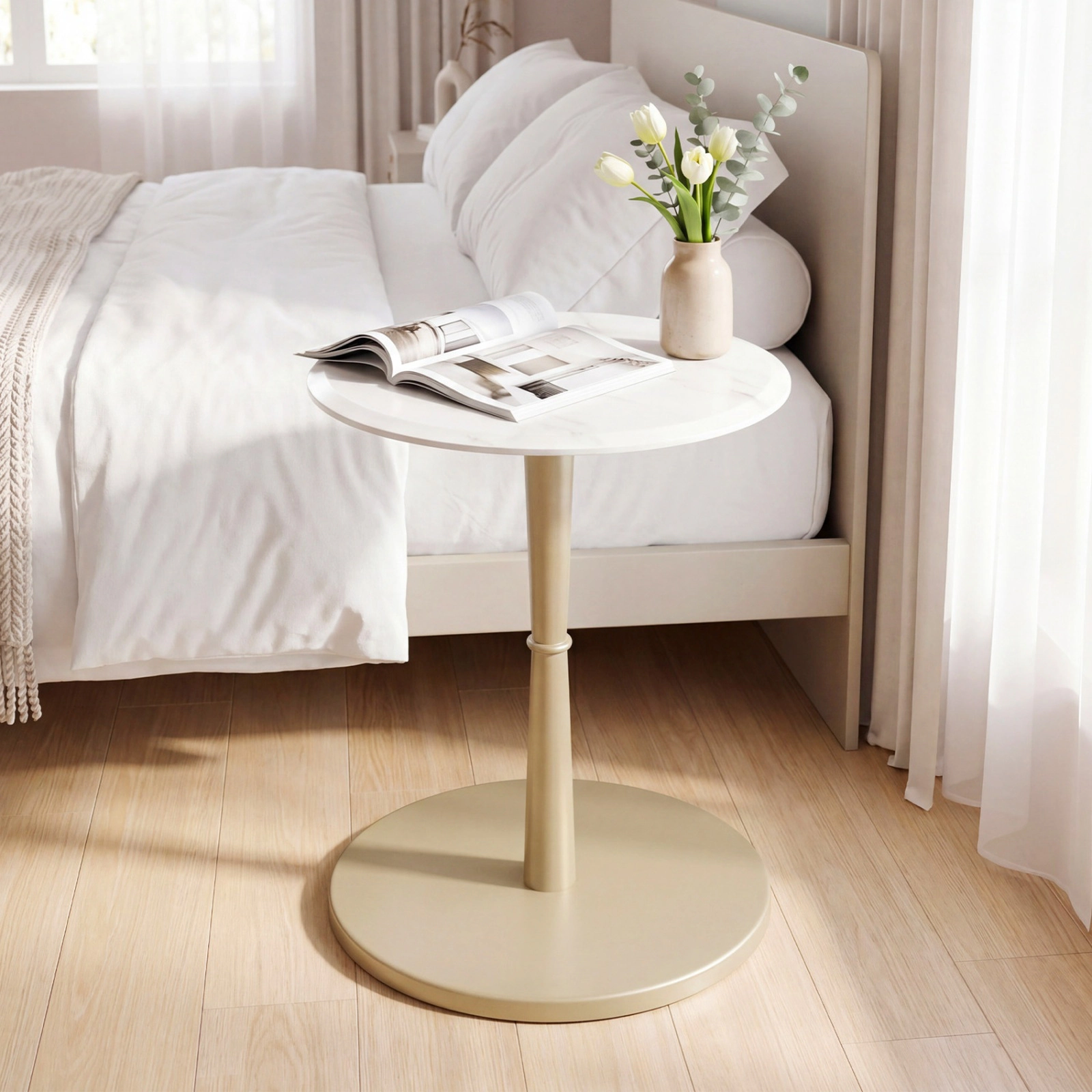 SUGIFT Genuine Marble Round Side Table with Wooden Base 135-lb Capacity 21.5-in Top White and Gold