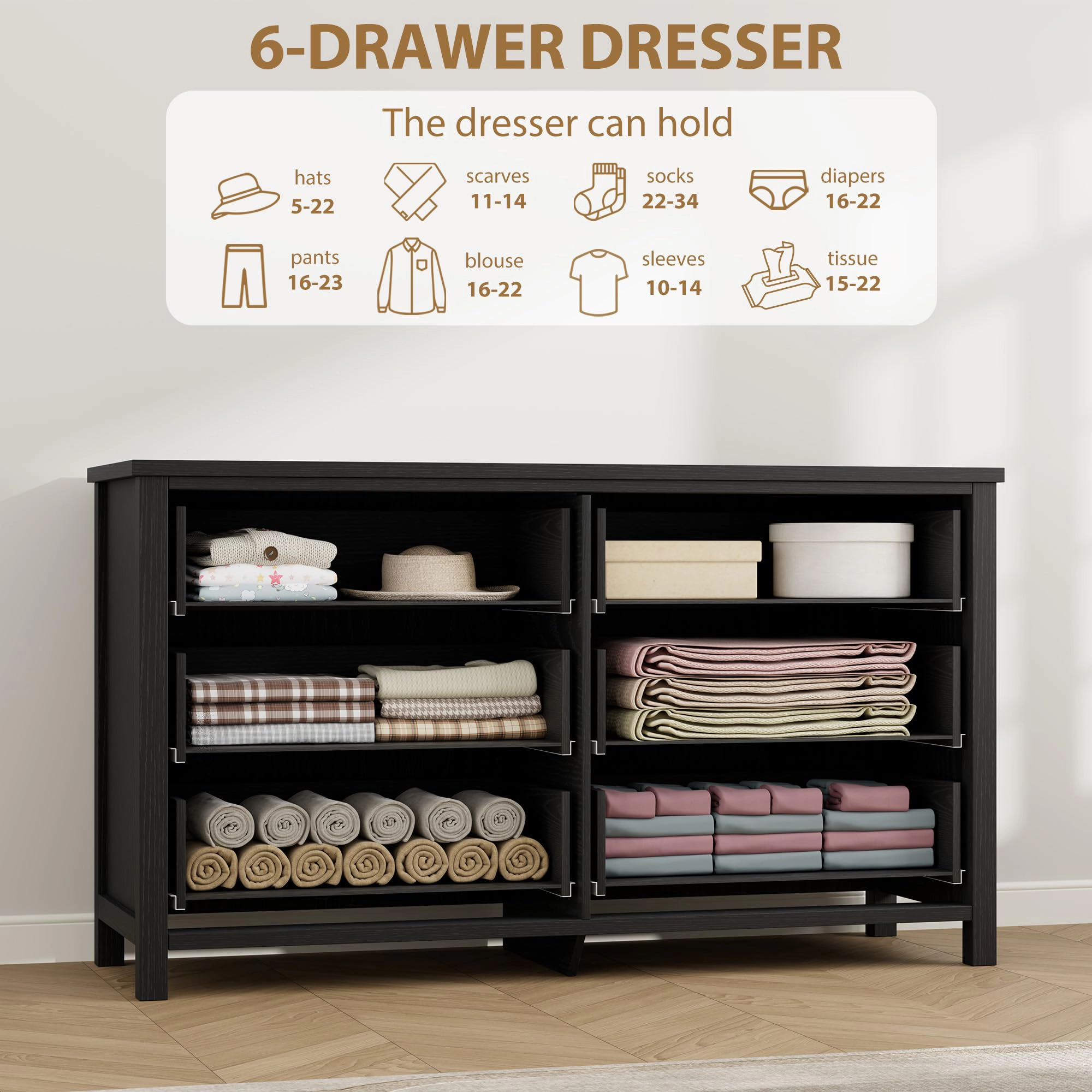 6 Drawer Modern Dresser, 47" Wide Wooden Storage Chest & TV Stand for Bedroom Living Room Hallway