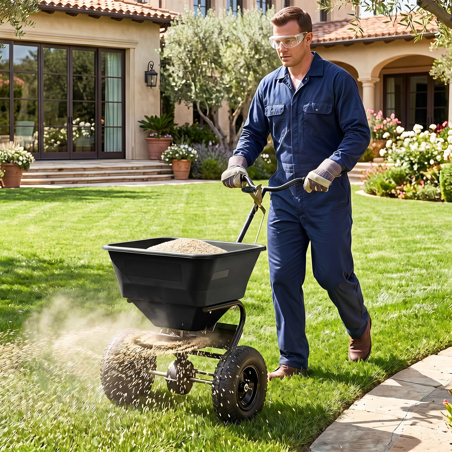LJG 66 LBS Walk-Behind Broadcast Spreader with 13 Inch All-Terrain Tires