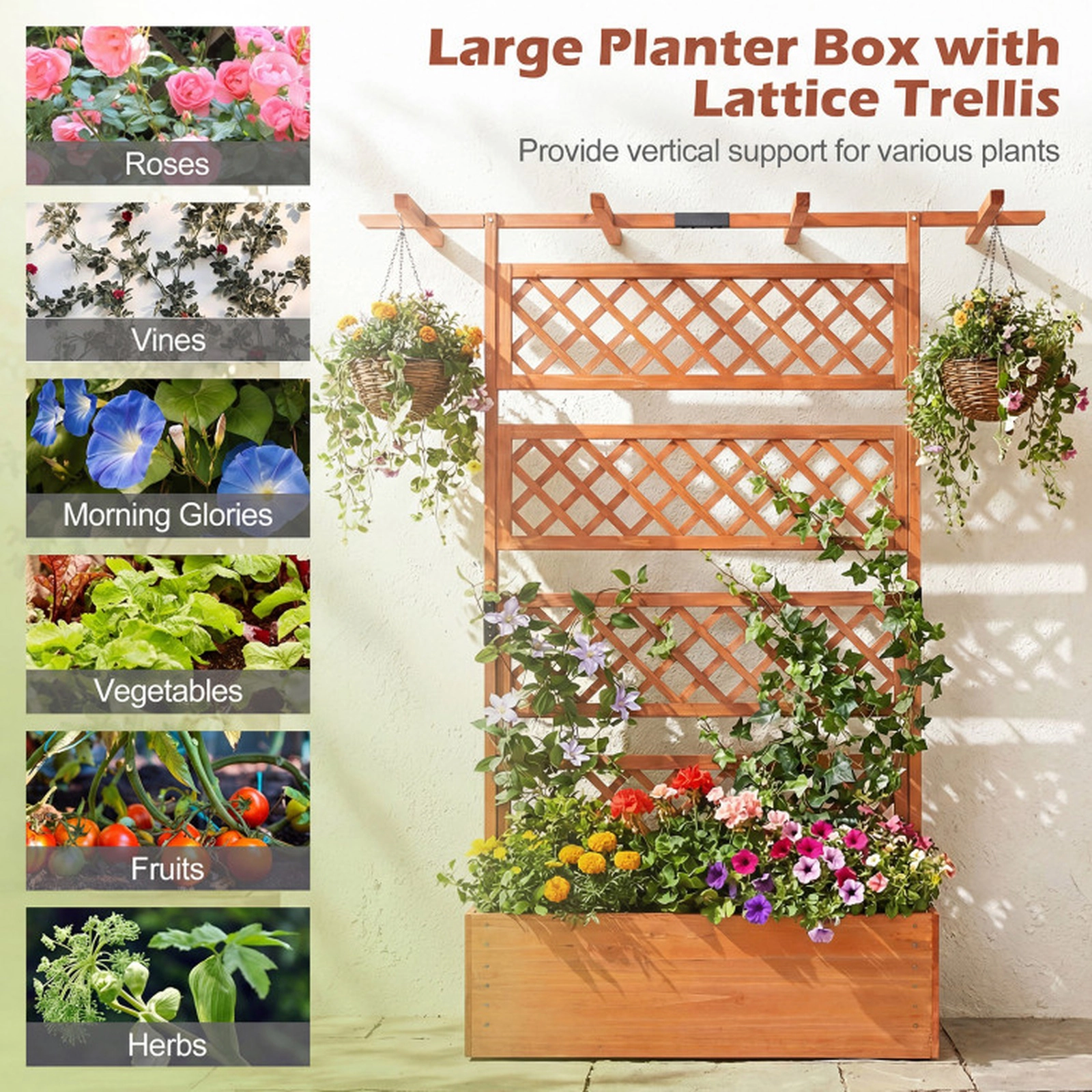SUGIFT Orange Wood Planter Box with Lattice Trellis and Flat Roof 38-in W 20.5-in D 11-in H 130-lb Box Capacity