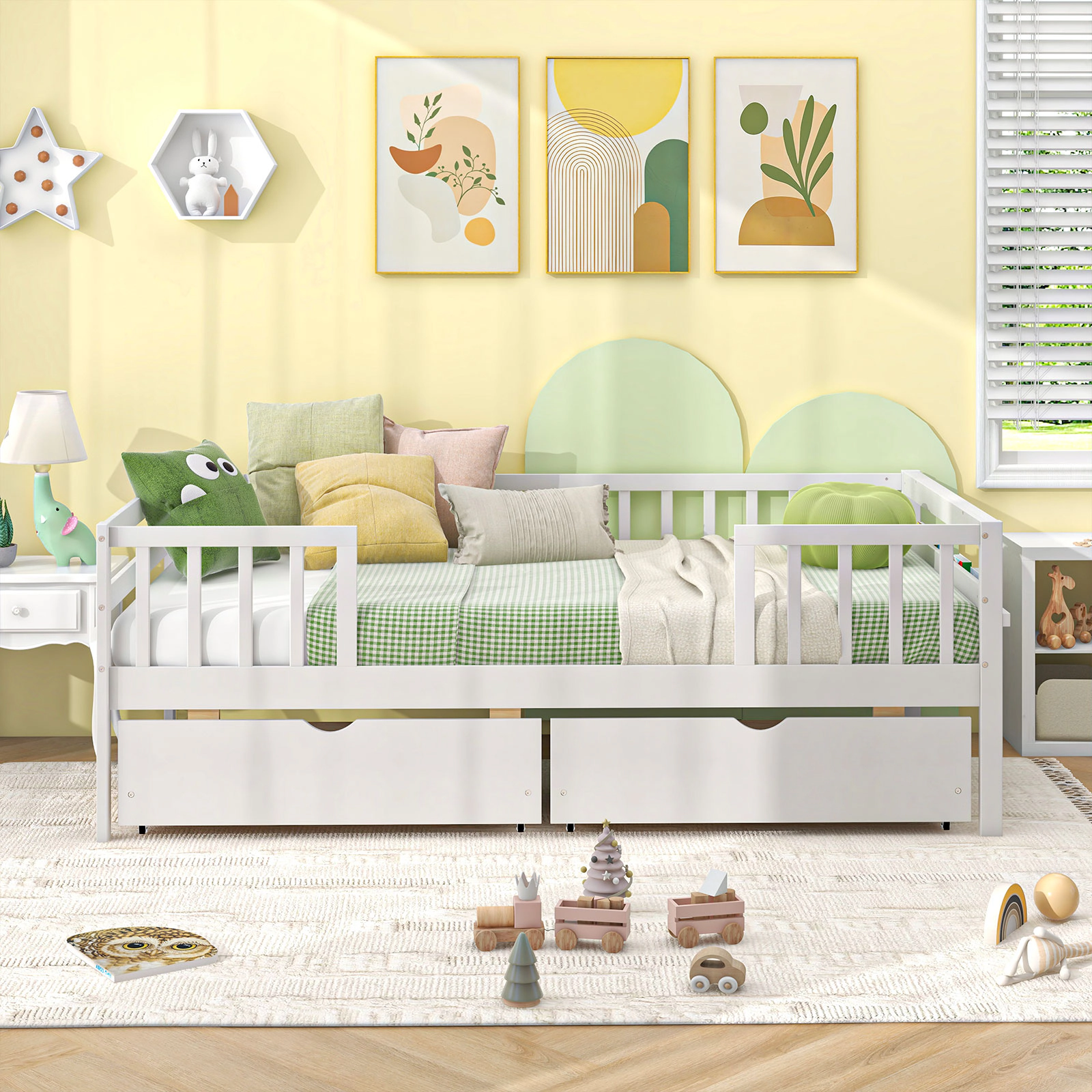 SUGIFT Twin Kids Daybed, 3-Side Fence Rails, 2 Storage Drawers, White