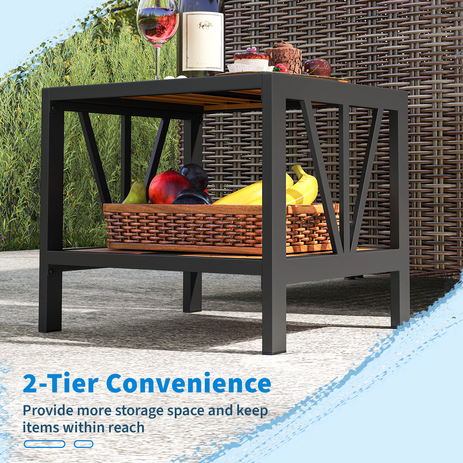 SUGIFT Outdoor Metal Side Table with Storage Shelf and Umbrella Hole 110-lb Tabletop Capacity Black and Natural