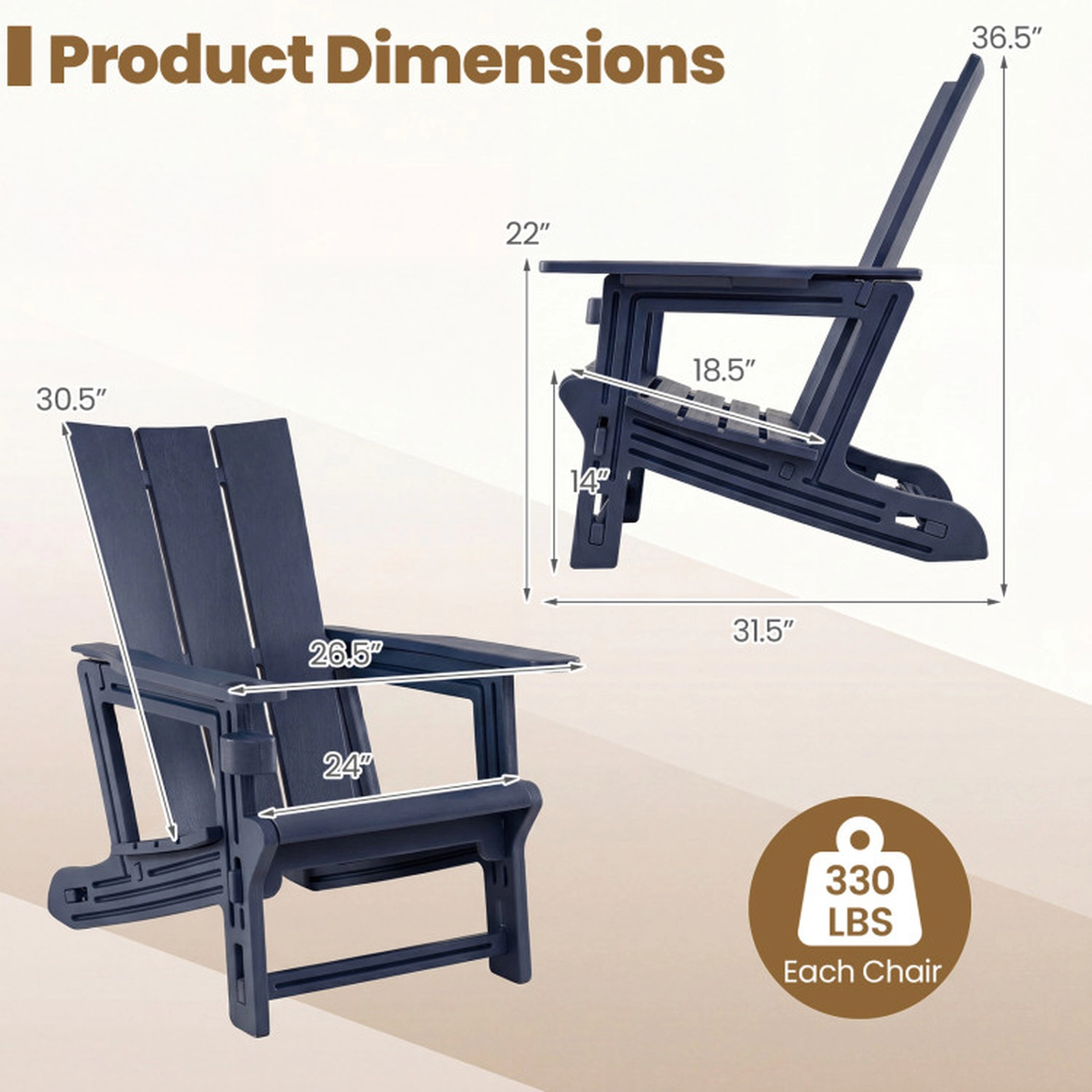 SUGIFT Set of 2 HDPE Outdoor Adirondack Chairs with Curved Backrest and Cup Holder 330-lb Capacity 26.5-in Wide Blue