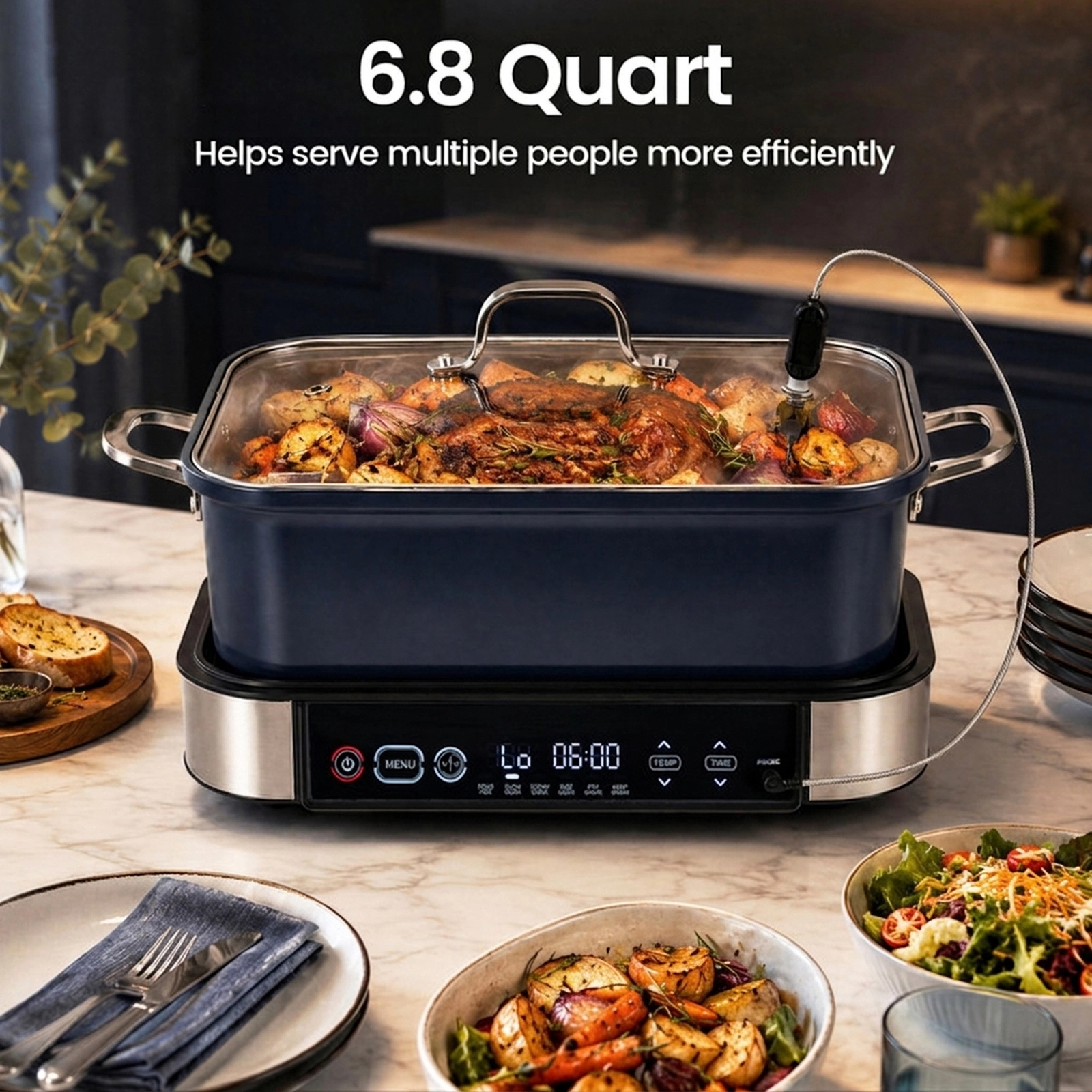 SUGIFT 6-in-1 Programmable Slow Cooker with Sous Vide Probe LED Touch Control and Nonstick Frying Pan Black