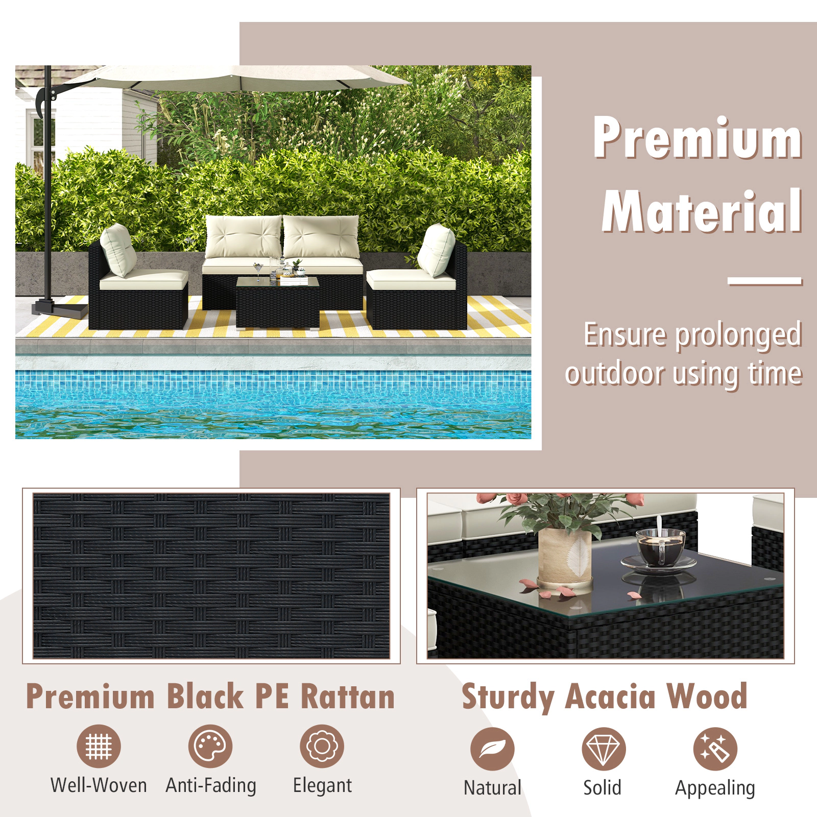 SUGIFT 5-Piece Outdoor Sectional Patio Furniture Set Cushions & Coffee Table 400-lb Chair Capacity Black & Off White