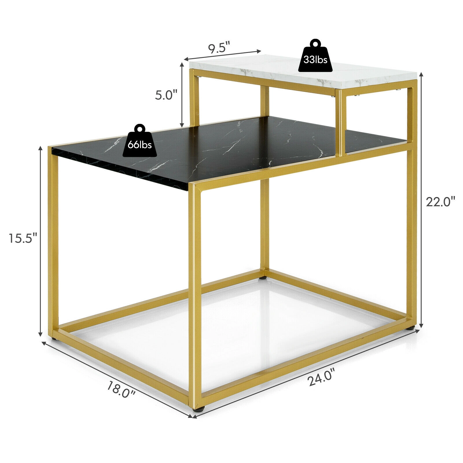 Glintex 2-Tier Stepped End Table with Marble-Pattern Top and Steel Tube Frame, White