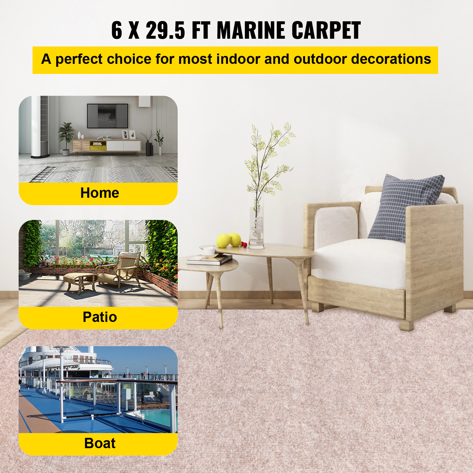 HONGGE Gray Marine Carpet 6 ft Boat Carpet Rugs Indoor Outdoor Rugs for Patio Deck Anti-Slide TPR Water-Proof Back Cut