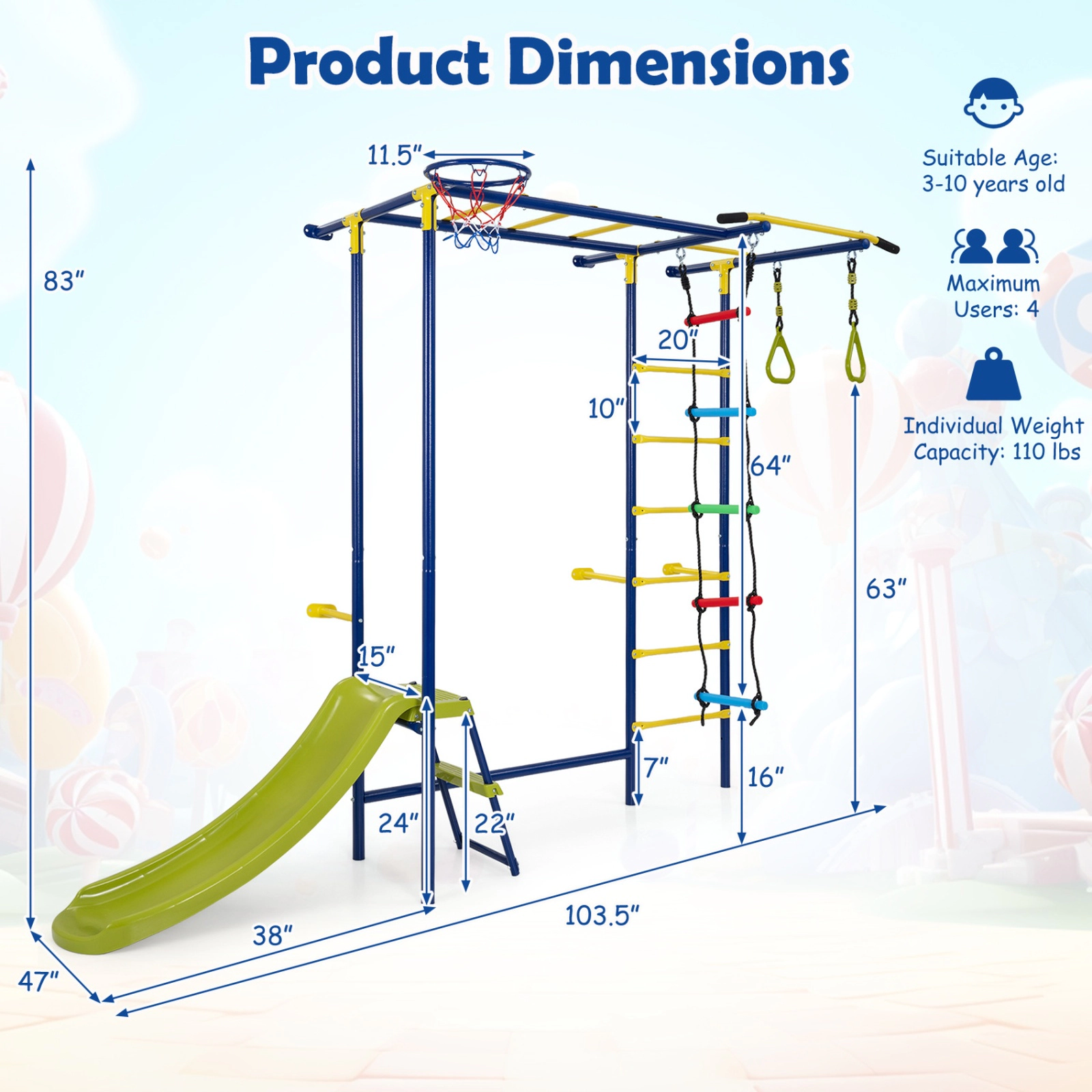 SUGIFT 7-in-1 Wall-Mounted Ladder Climber Playset with Monkey Bars Slide Rings and Rope Ladder Green Blue Yellow Red