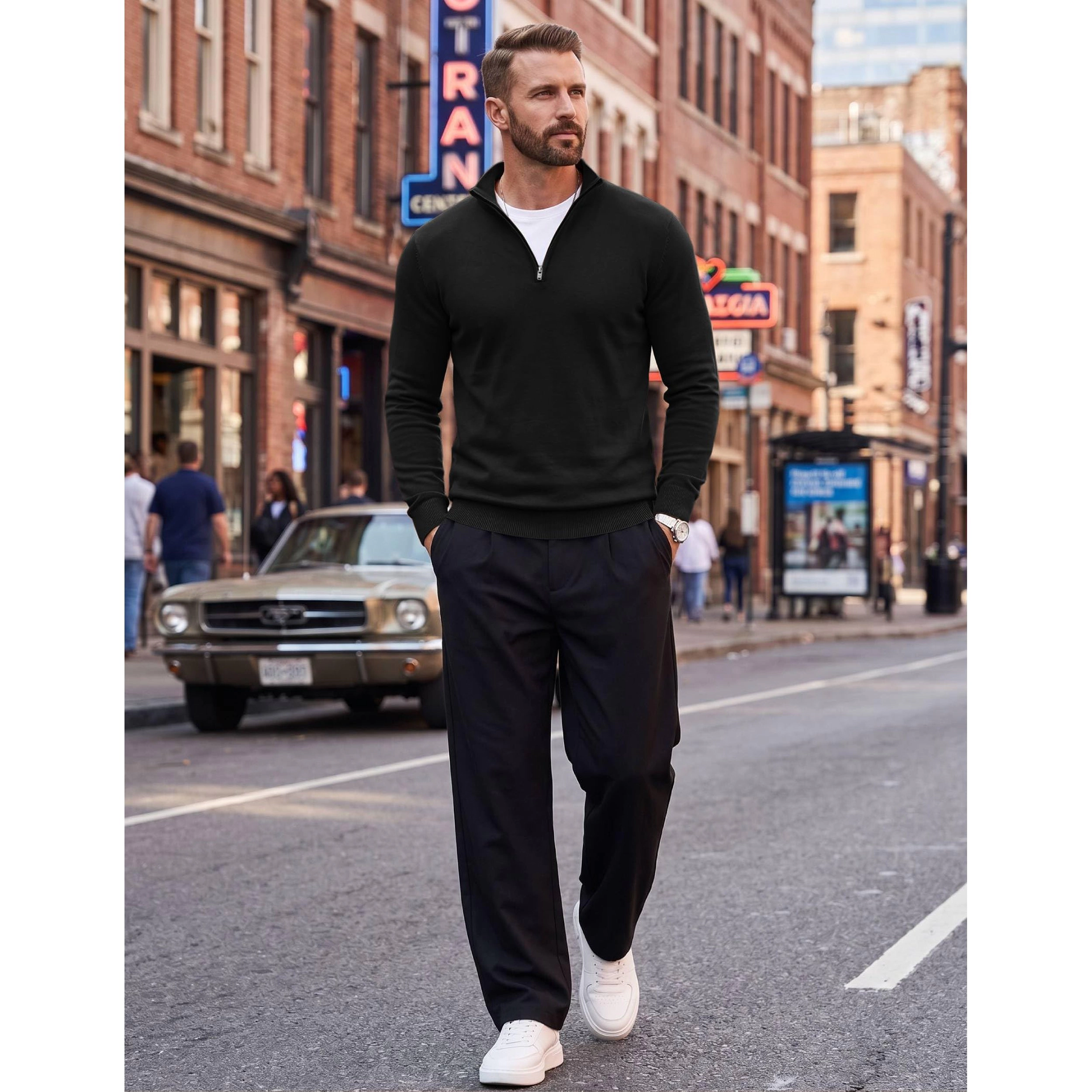 COOFANDY Men's Regular Fit Mock Neck Long Sleeve Quarter Zip Pullover Sweater