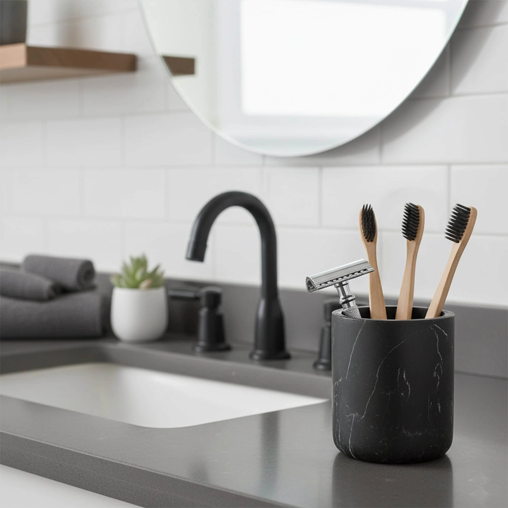 Evideco French Home Goods Marble-Effect Polyresin Toothbrush Holder, Polished Cylinder
