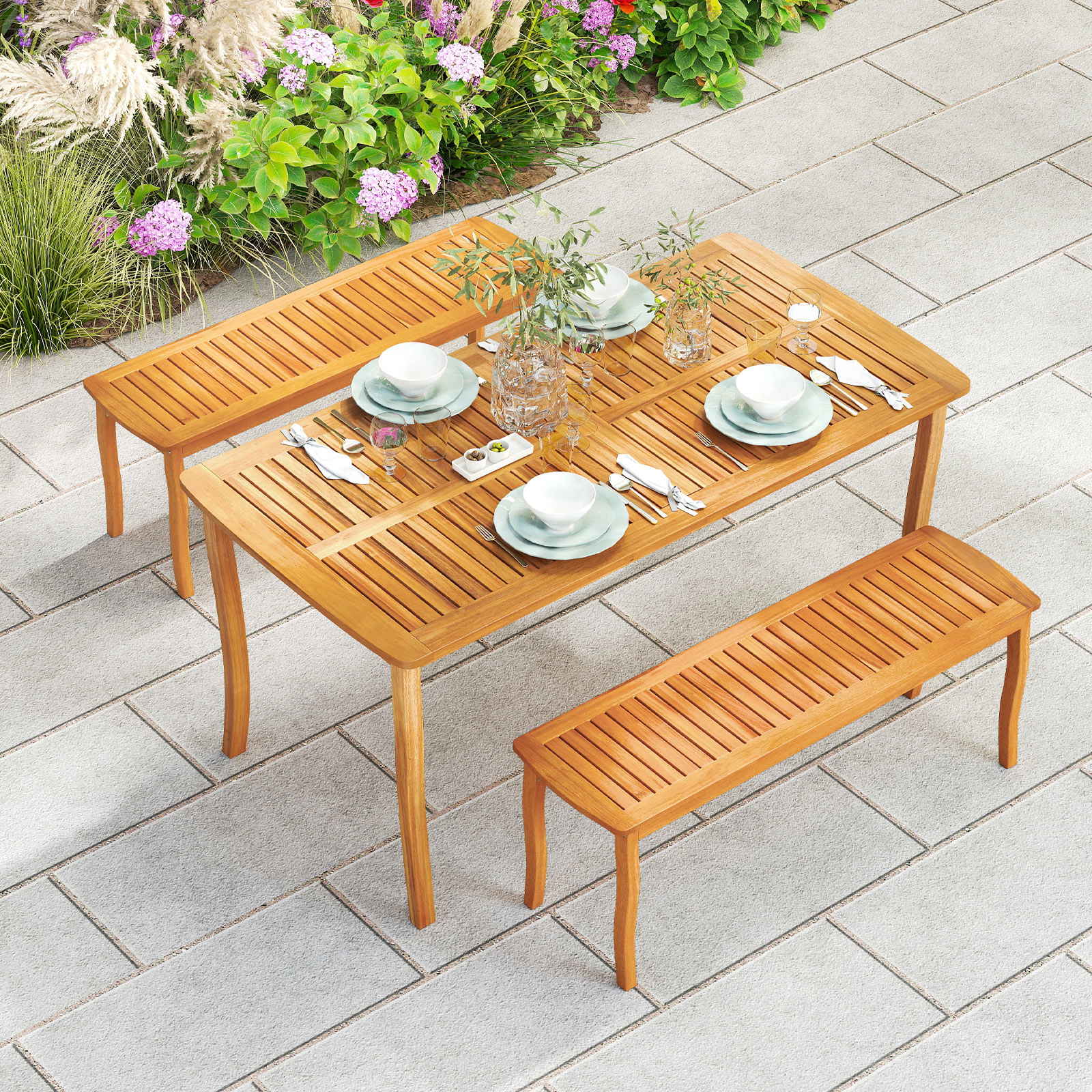 SUGIFT 63-In Natural Acacia Wood Farmhouse Patio Dining Table with Umbrella Hole