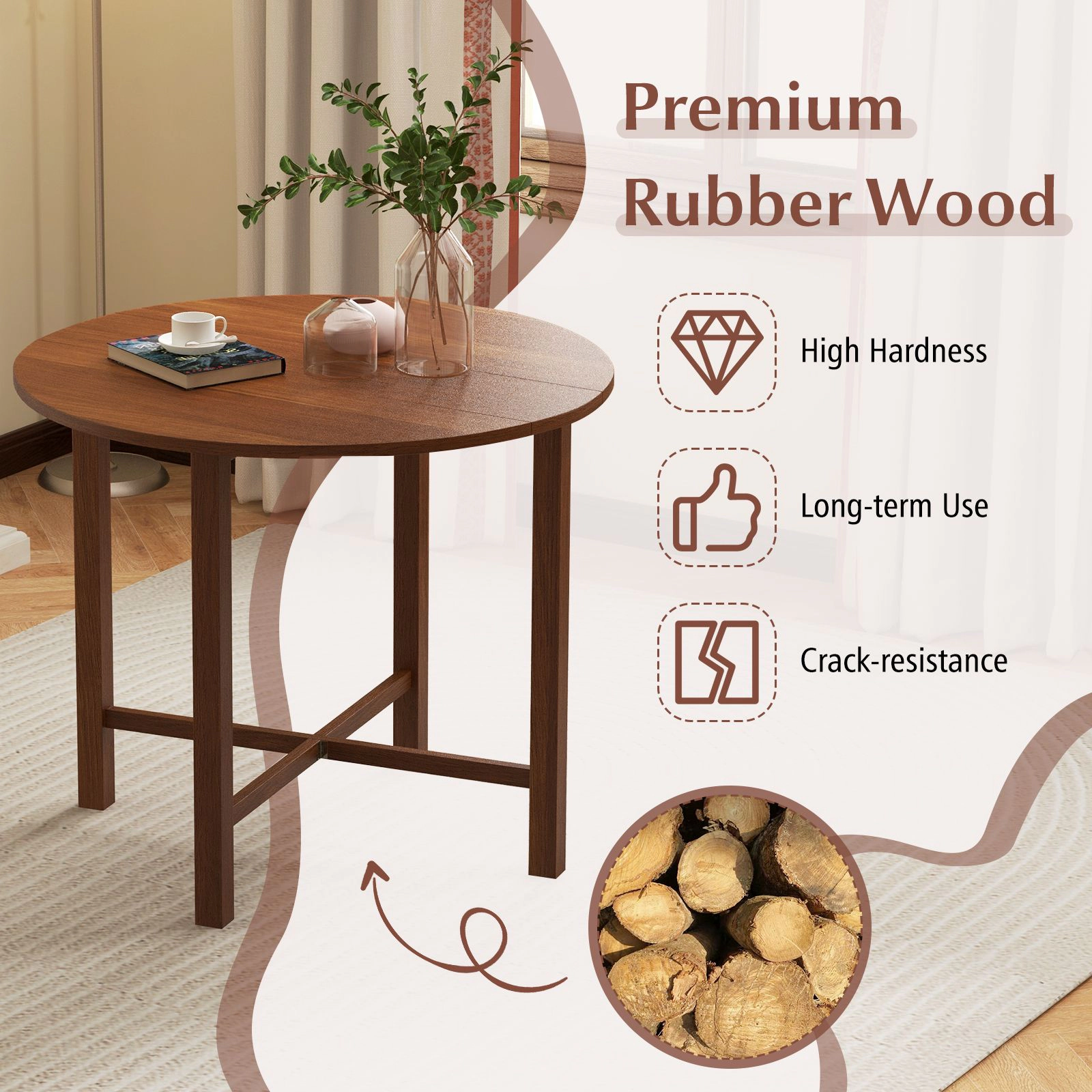 Slickblue Round Folding Kitchen Table with Rubber Wood